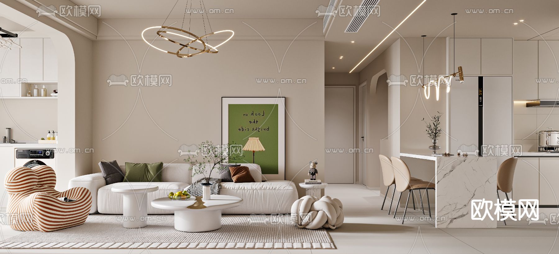 奶油风客餐厅3d模型下载（渲染图1）