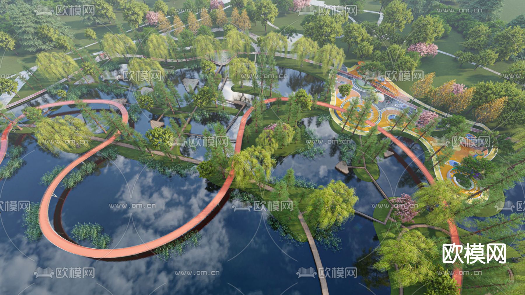 大型滨水公园su模型下载（渲染图2）