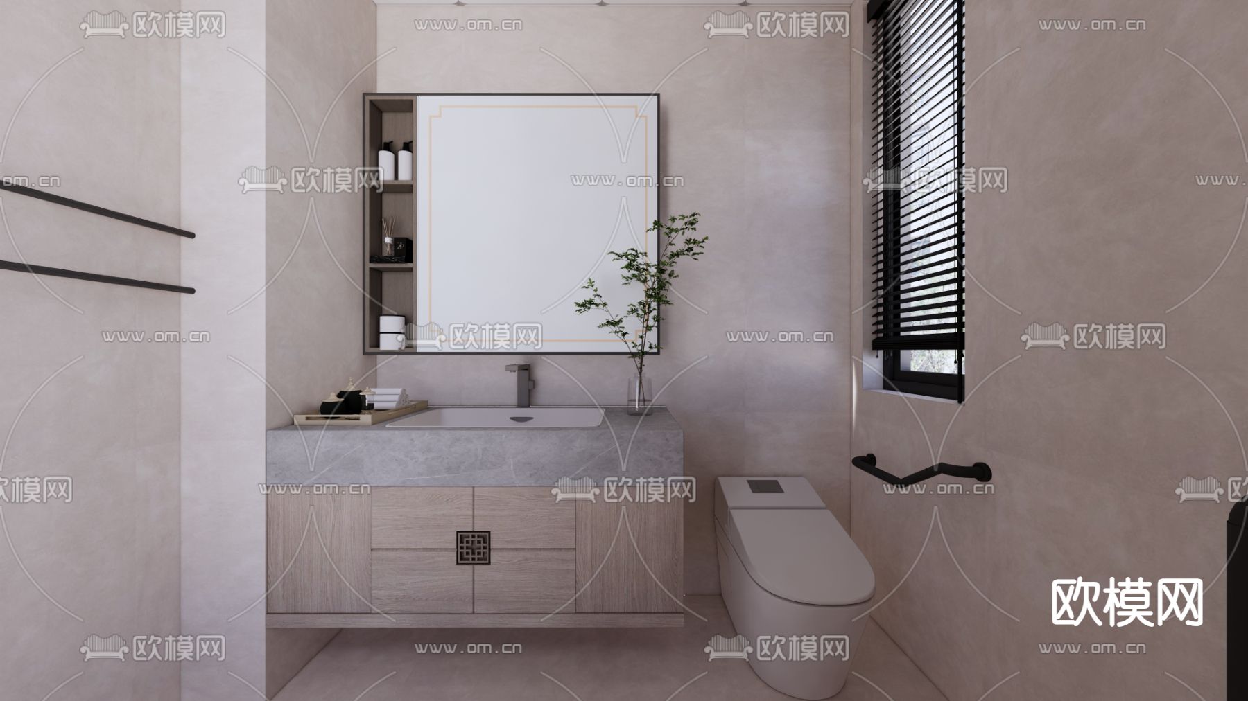 新中式卫生间su模型下载（渲染图2）