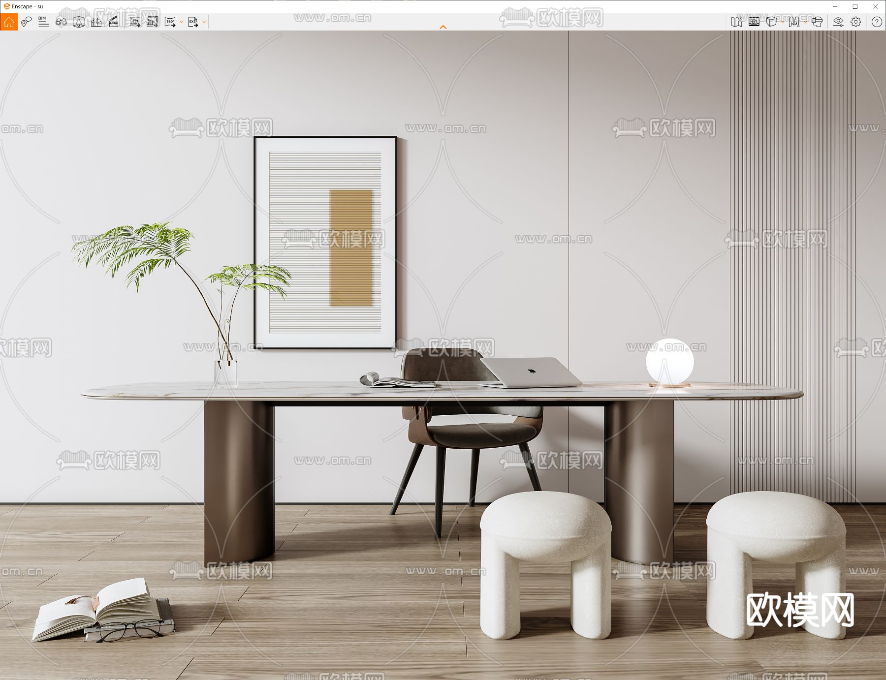 现代书桌 写字台su模型下载（渲染图3）
