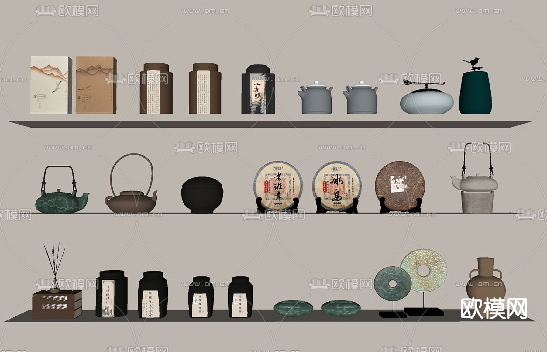 新中式茶具 茶饼su模型下载（渲染图2）