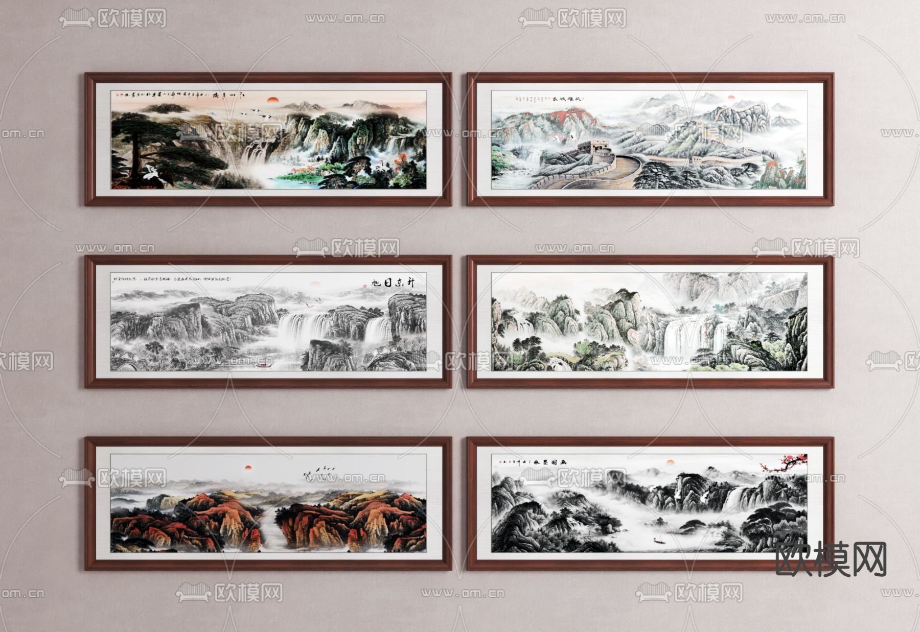 新中式国画 山水画 组合画3d模型下载