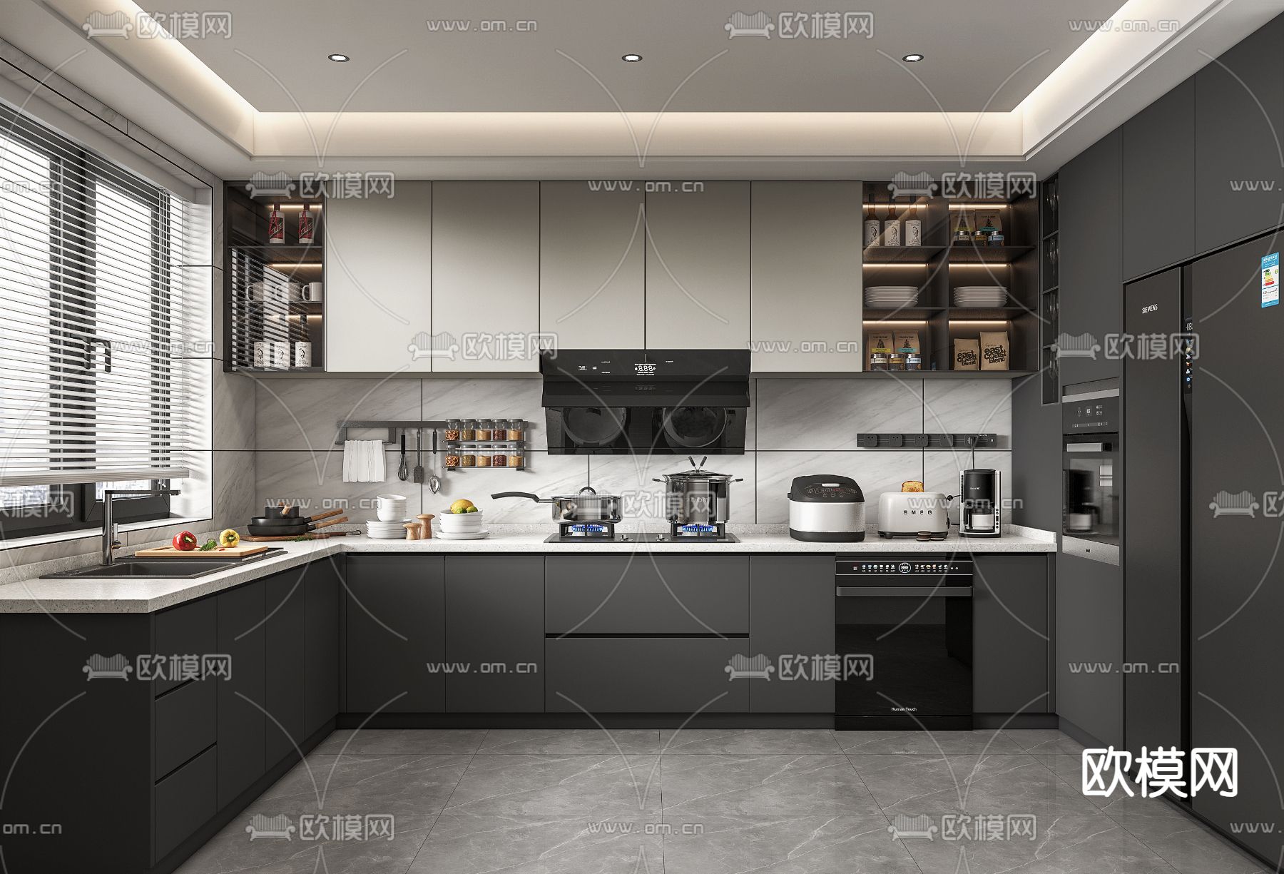 高级灰厨房 橱柜su模型下载（渲染图1）
