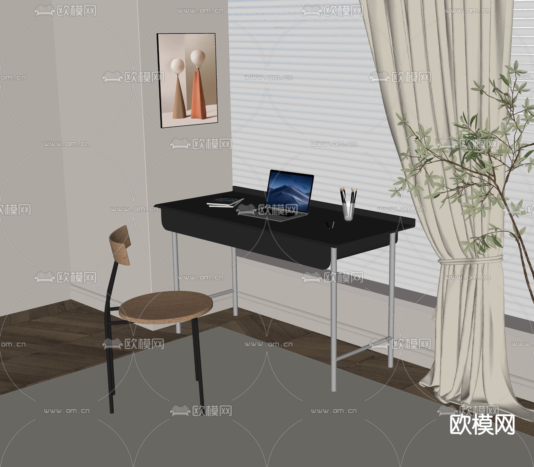 现代书桌 电脑桌 写字台su模型下载（渲染图2）