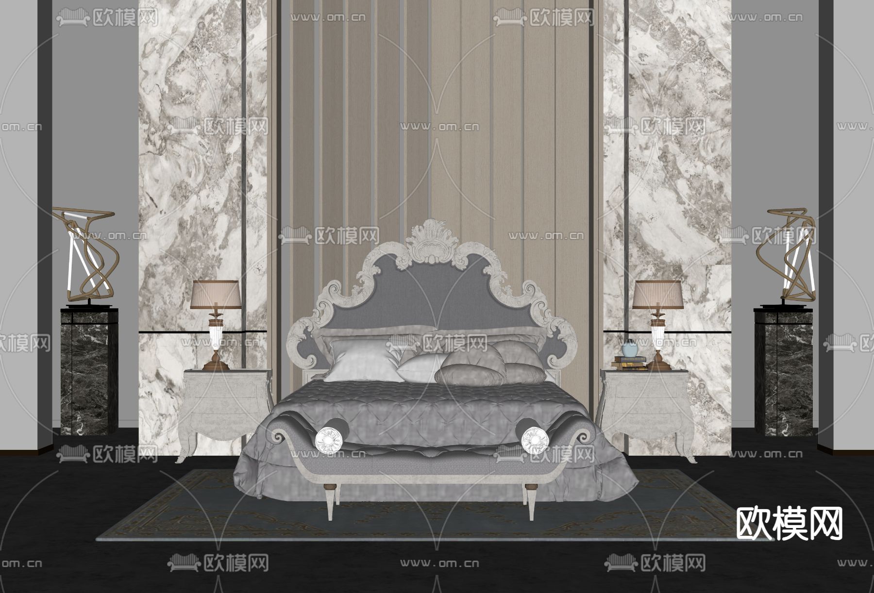 欧式双人床su模型下载（渲染图2）