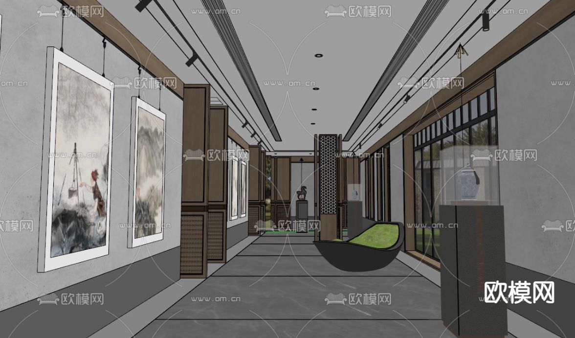 中式酒店走廊su模型下载（渲染图2）