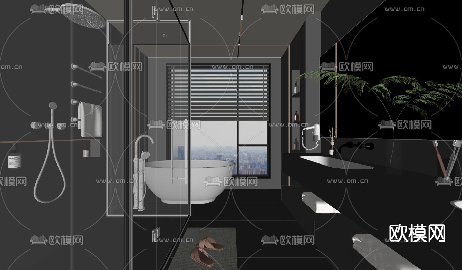 暗黑风卫生间 浴室 洗手间su模型下载（渲染图2）