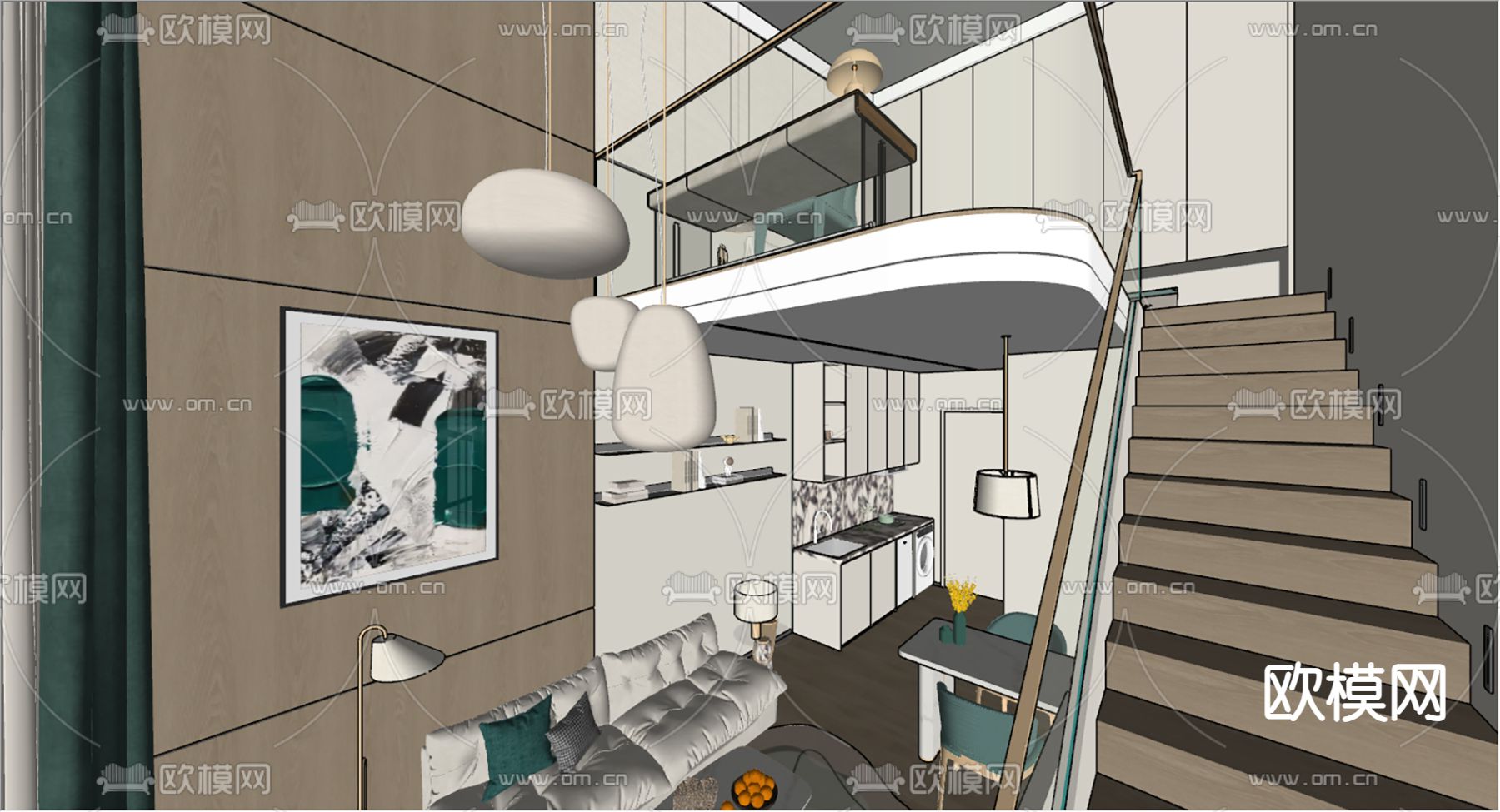 轻奢loft公寓su模型下载（渲染图2）