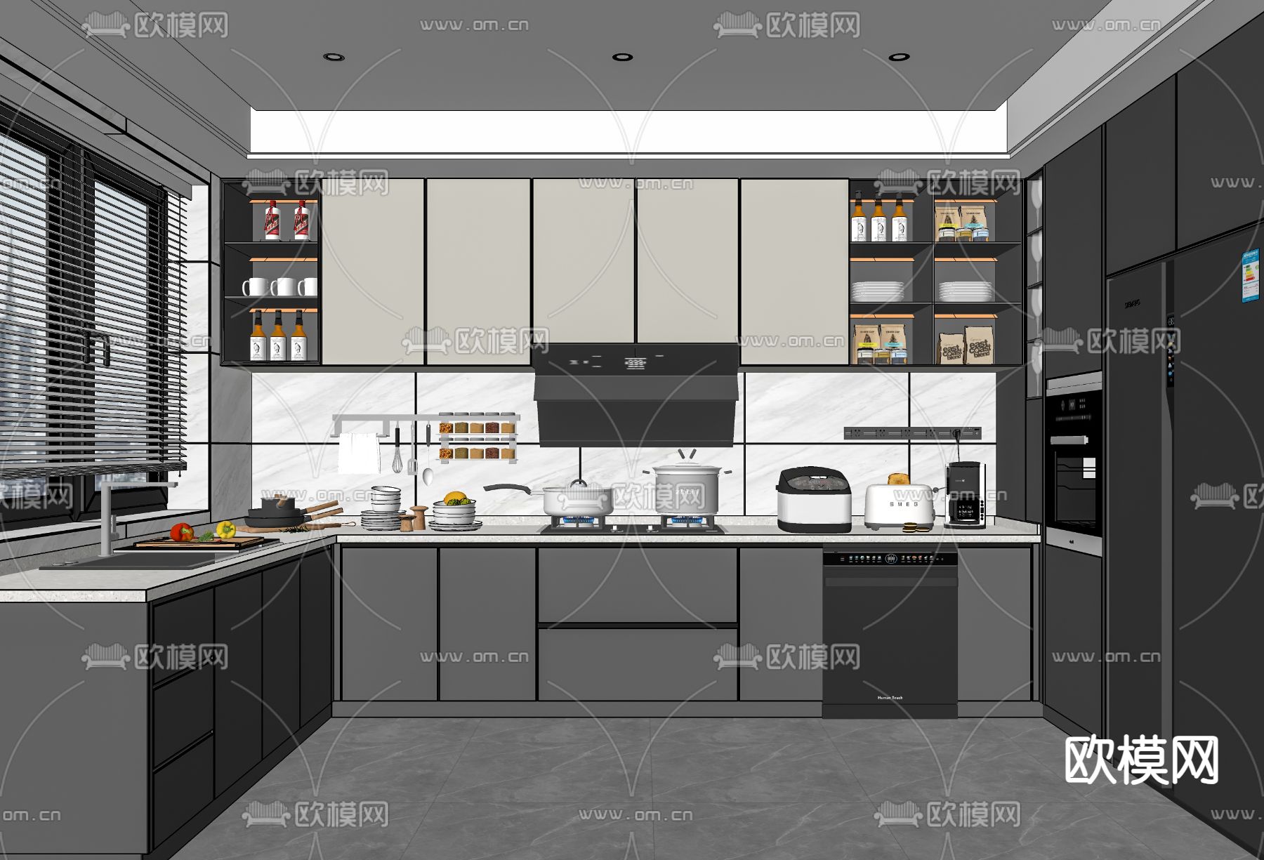 高级灰厨房 橱柜su模型下载（渲染图2）