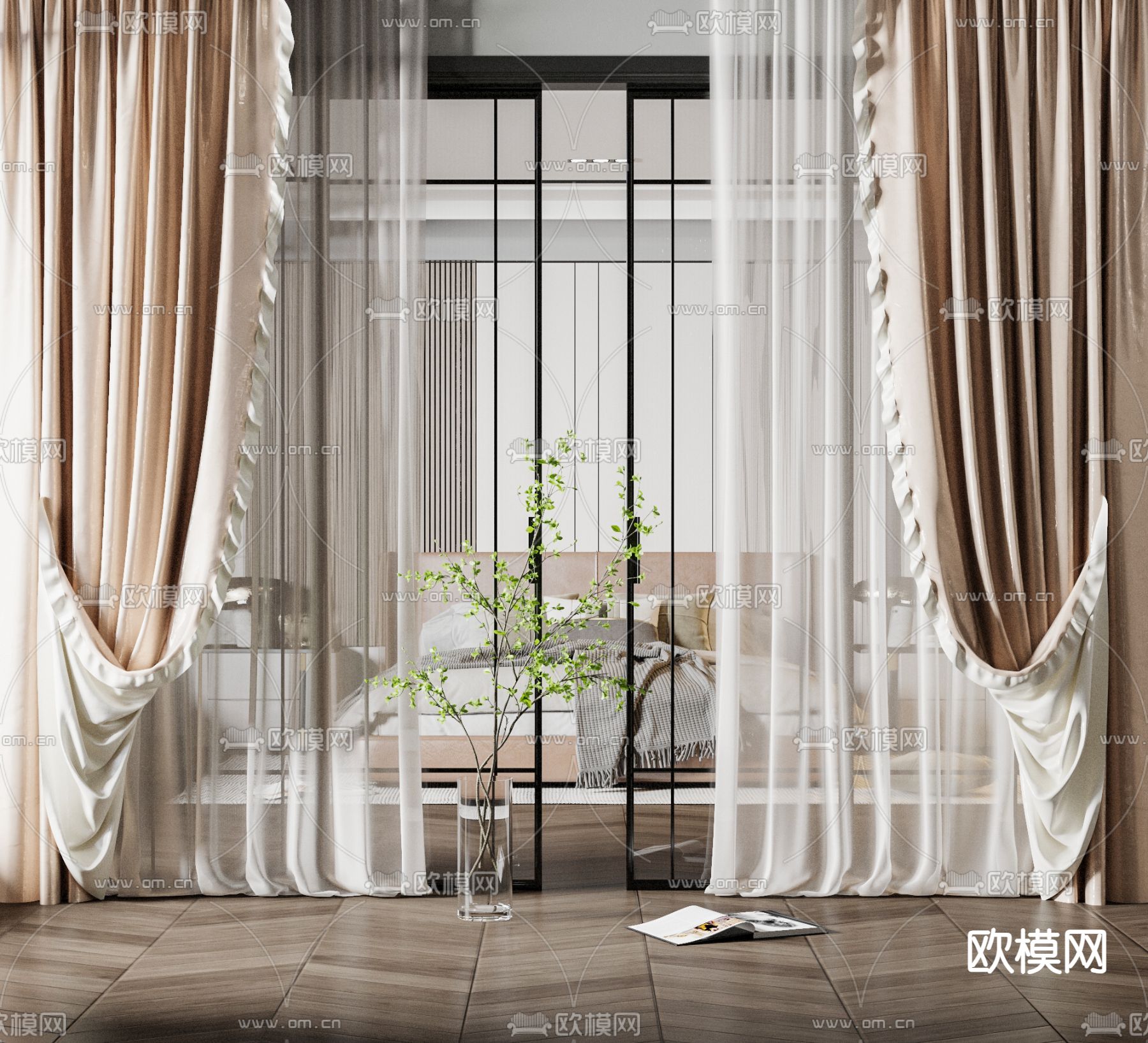 简欧窗帘su模型下载（渲染图1）