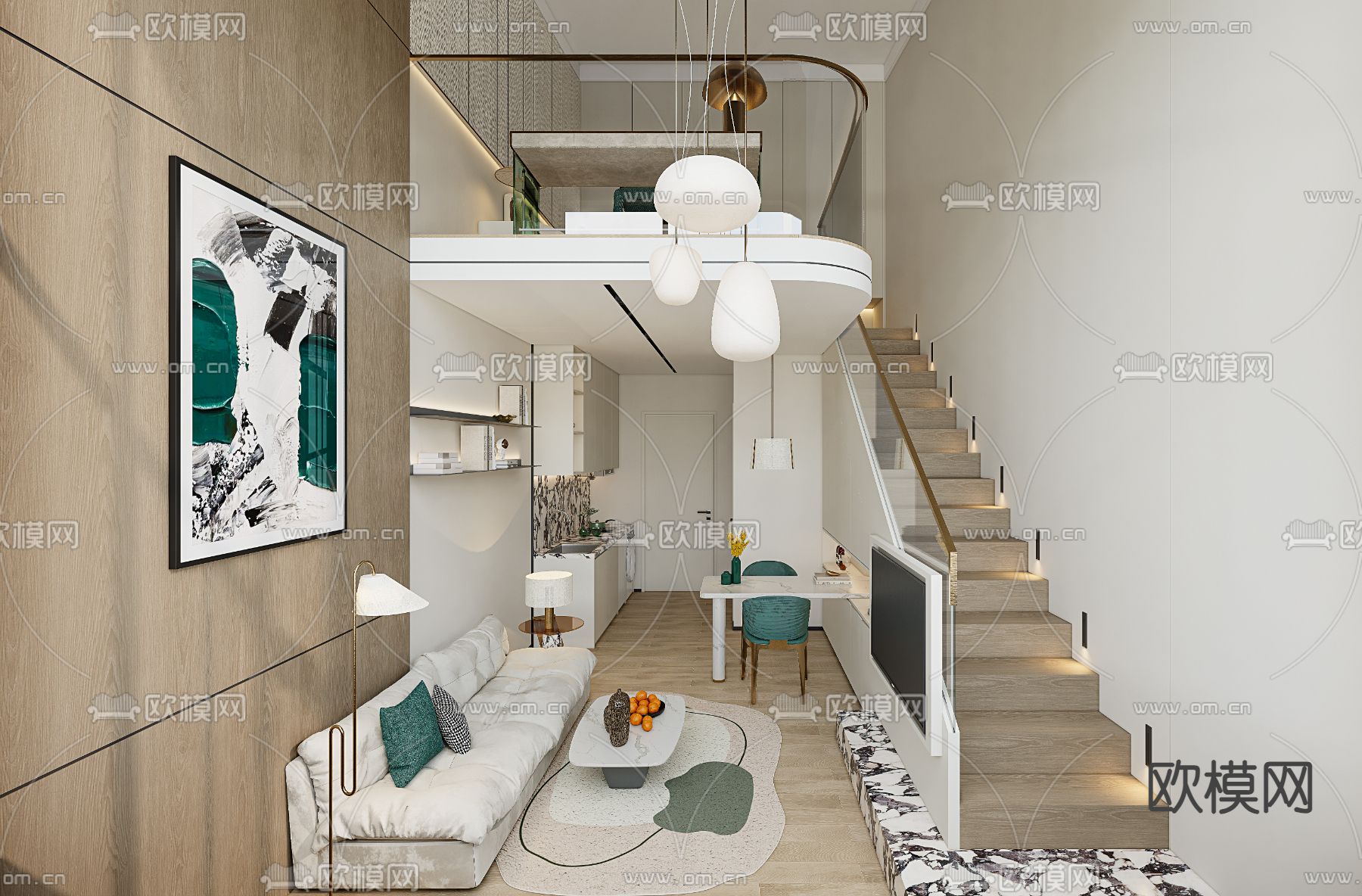 轻奢loft公寓su模型下载（渲染图1）