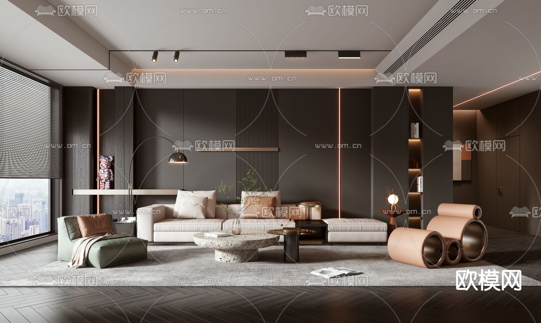 暗黑风客厅su模型下载（渲染图2）