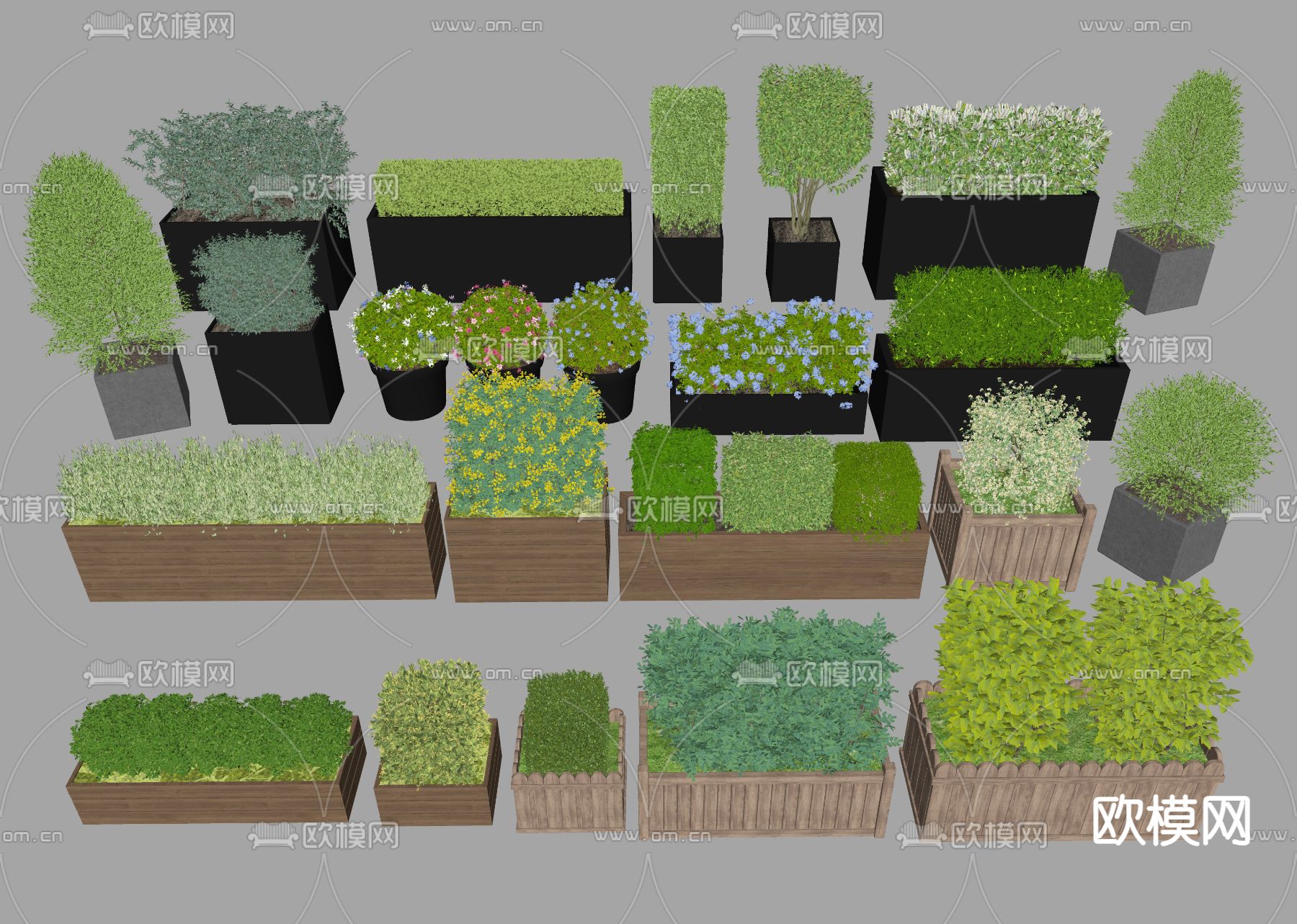 花箱 灌木球 篱笆 花坛su模型下载（渲染图2）