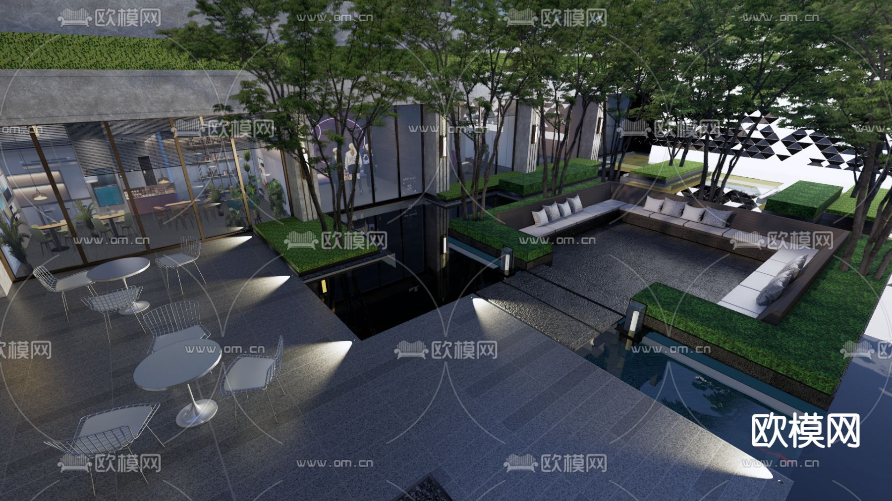 住宅小区景观 下沉庭院su模型下载（渲染图2）