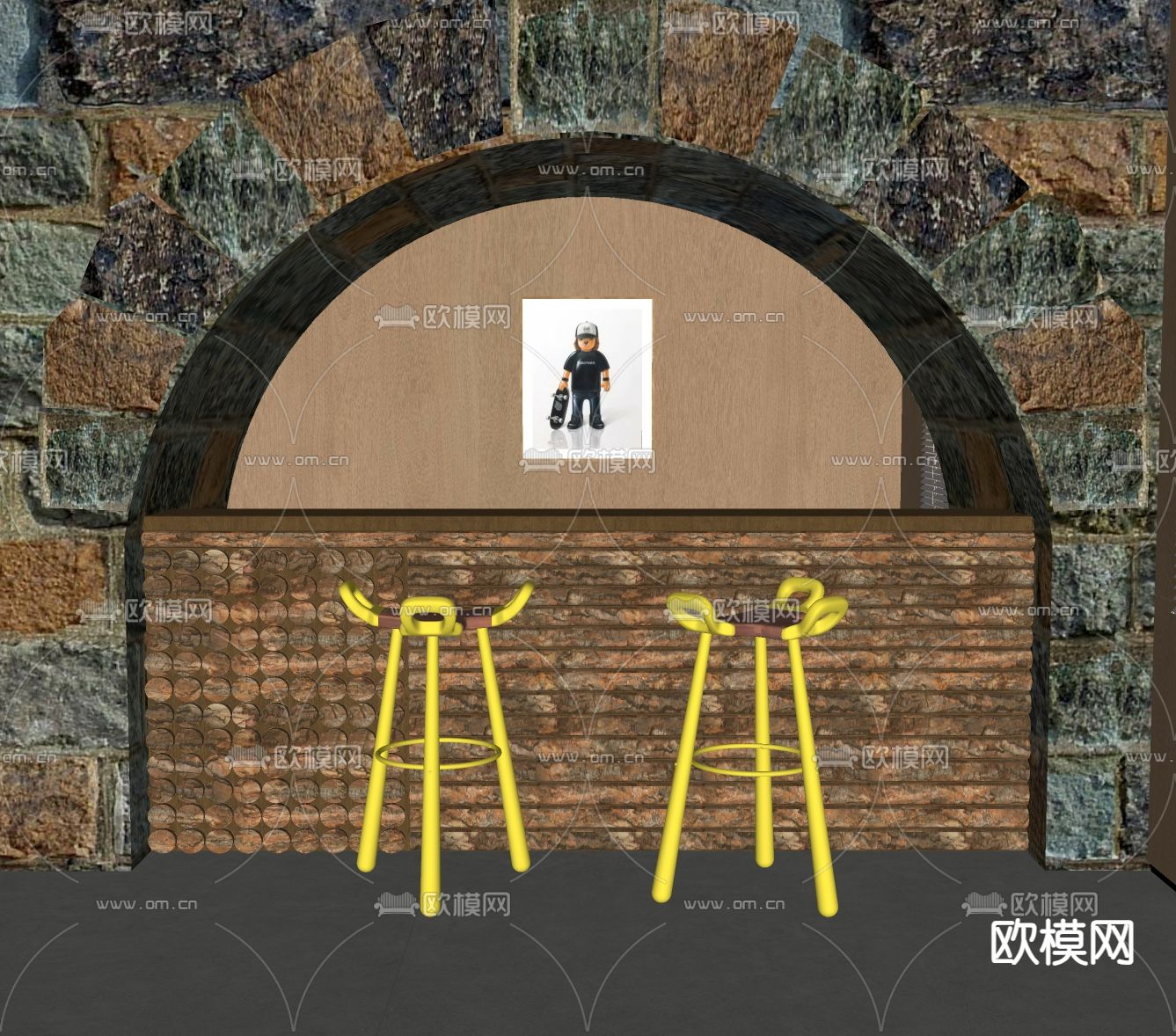 侘寂风吧台 吧椅su模型下载（渲染图2）