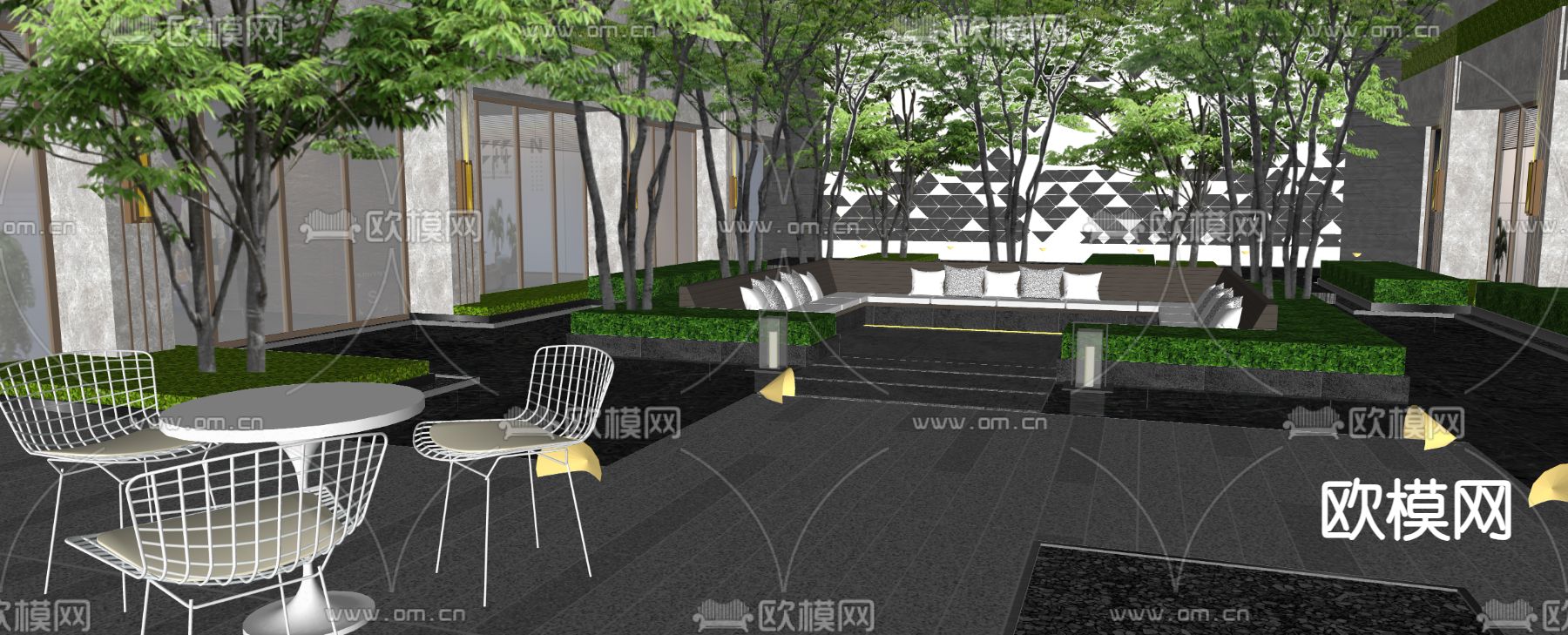 住宅小区景观 下沉庭院su模型下载（渲染图3）