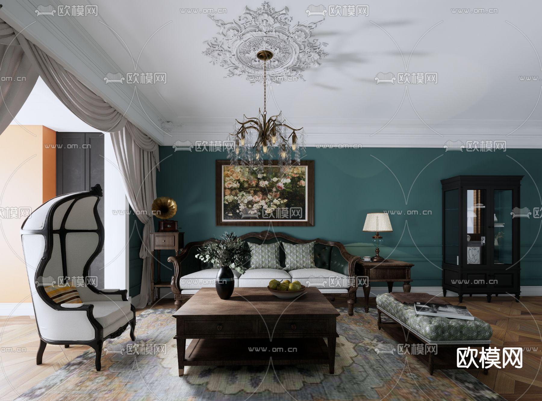 美式客厅su模型下载（渲染图1）
