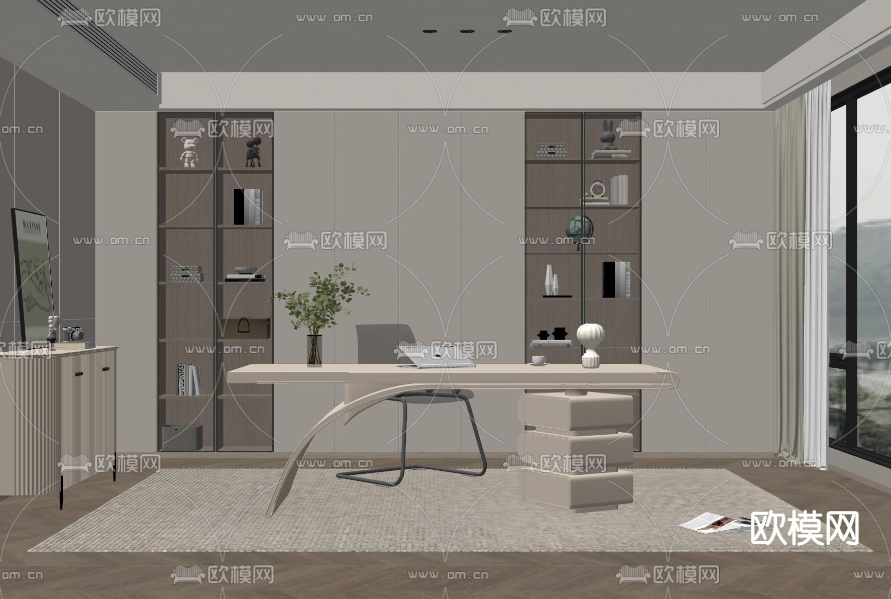 奶油风书房su模型下载（渲染图2）