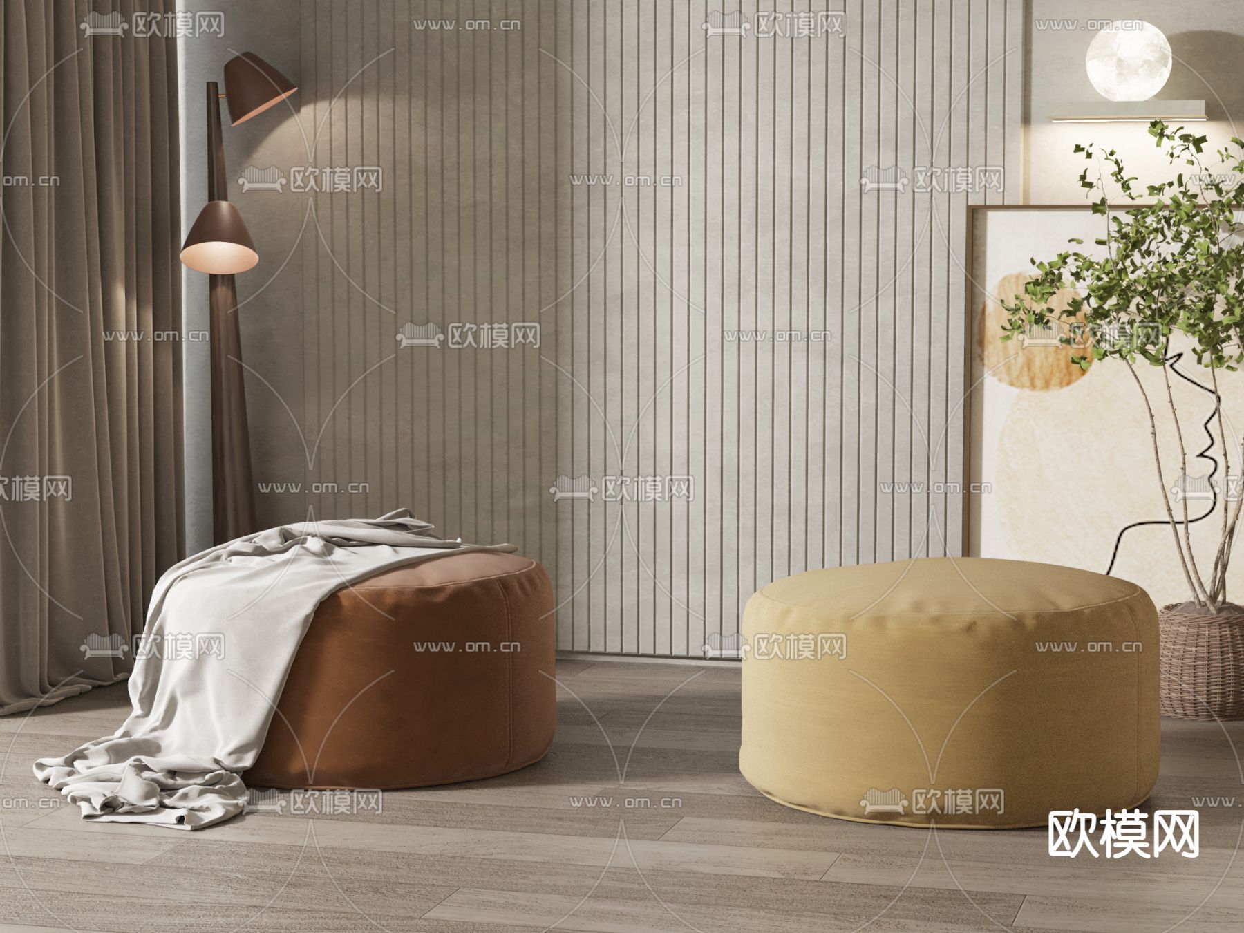 现代沙发凳su模型下载（渲染图1）