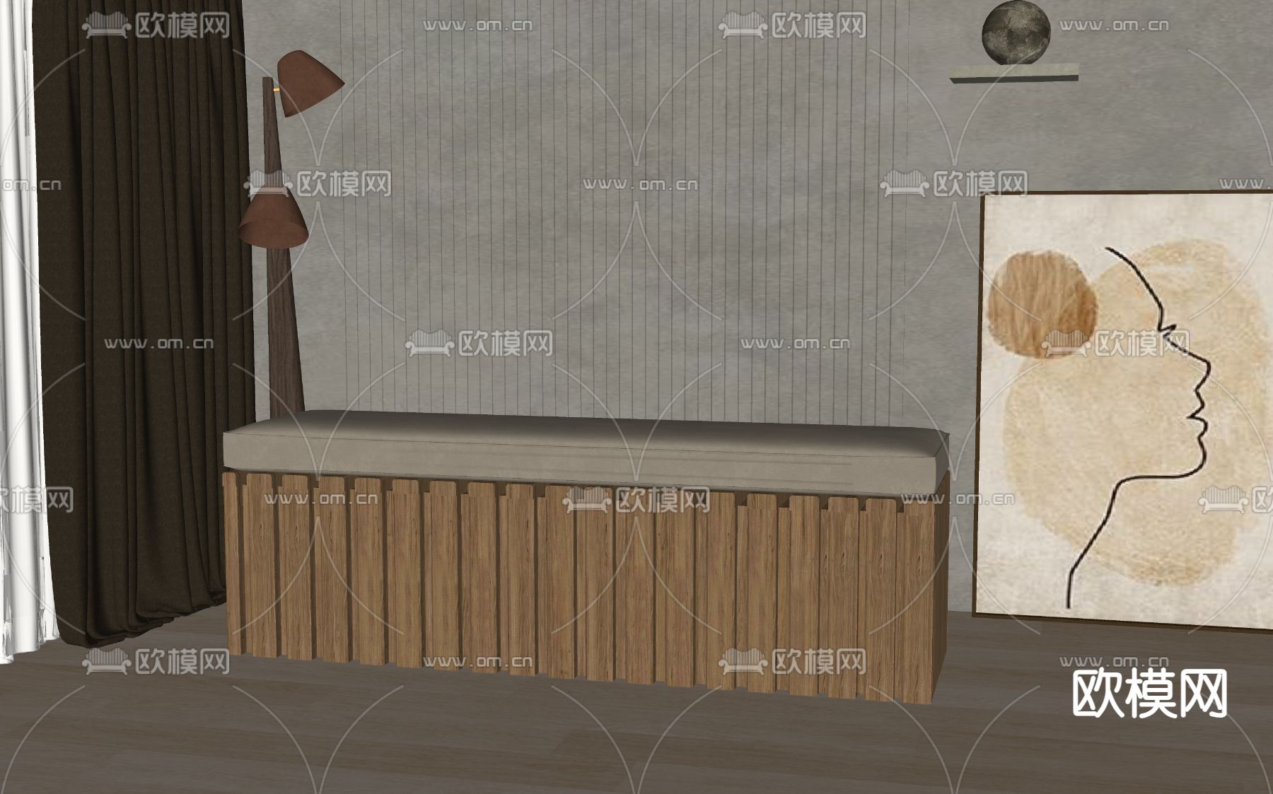 凳子 长凳 床尾凳su模型下载（渲染图2）