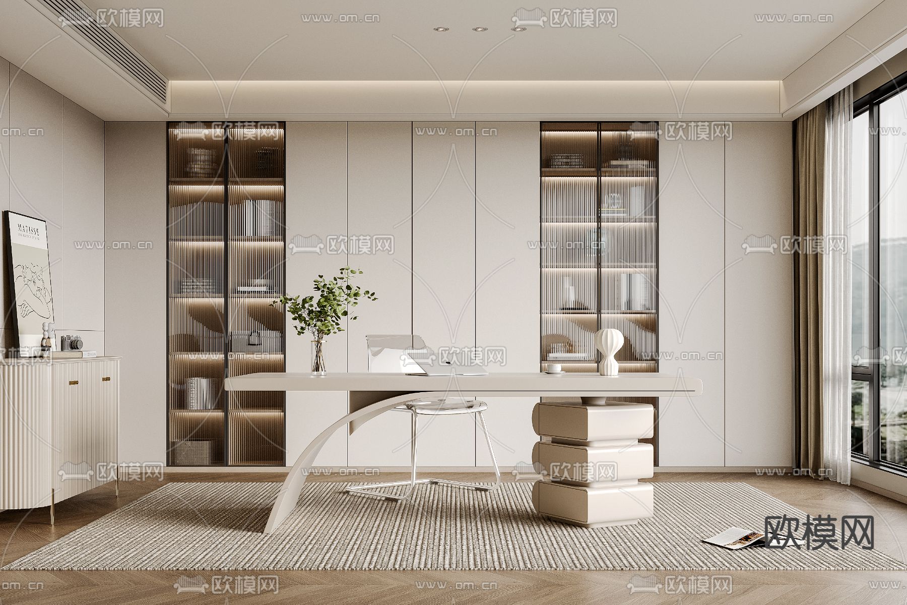 奶油风书房su模型下载（渲染图1）