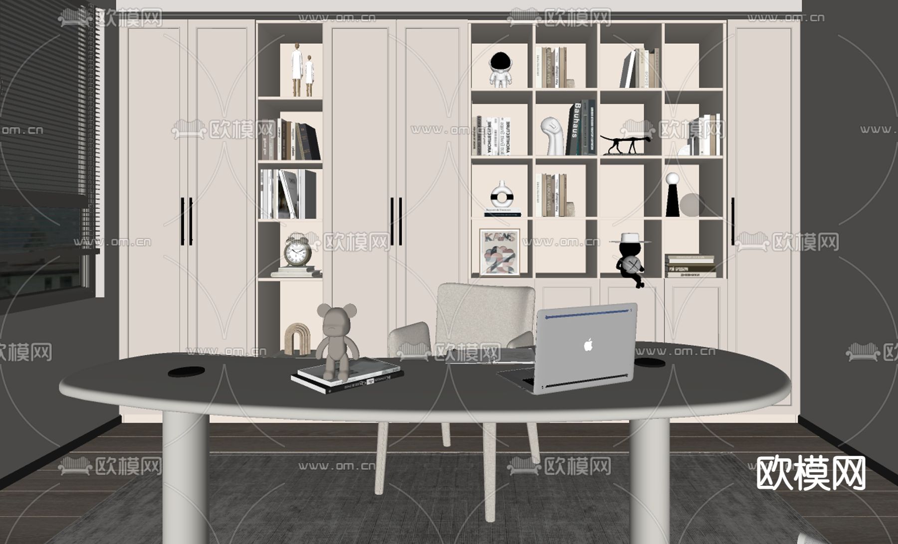 奶油风书房su模型下载（渲染图2）