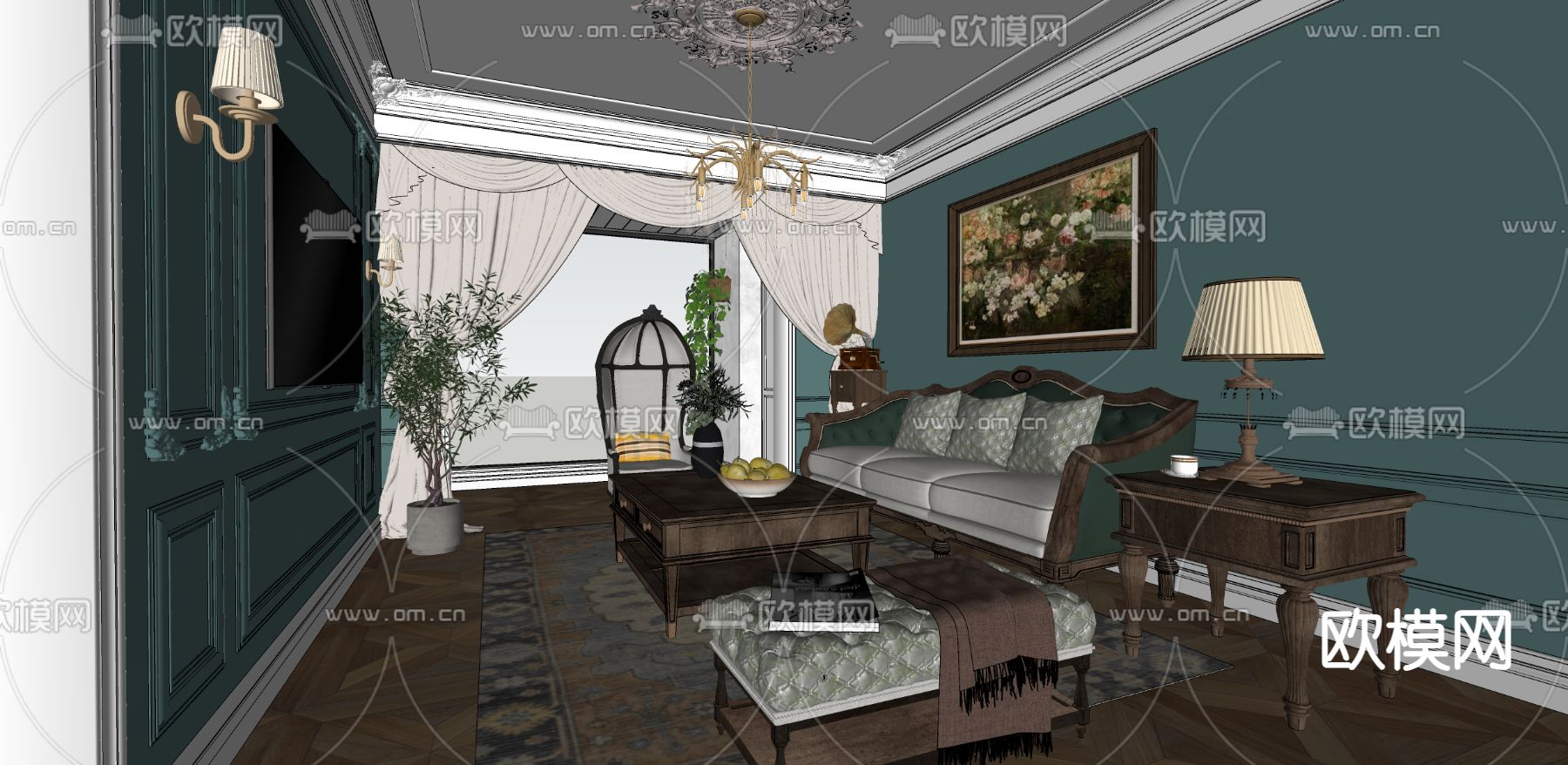 美式客厅su模型下载（渲染图3）