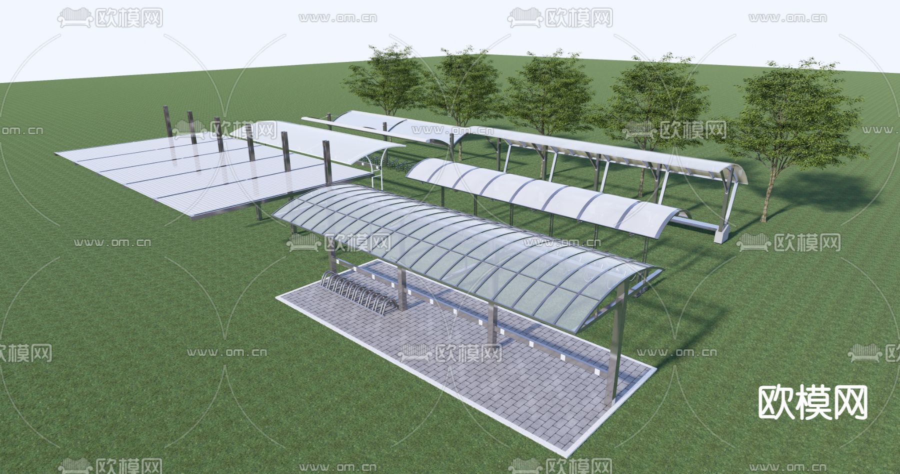 自行车棚 单车棚 非机动车棚su模型下载（渲染图3）