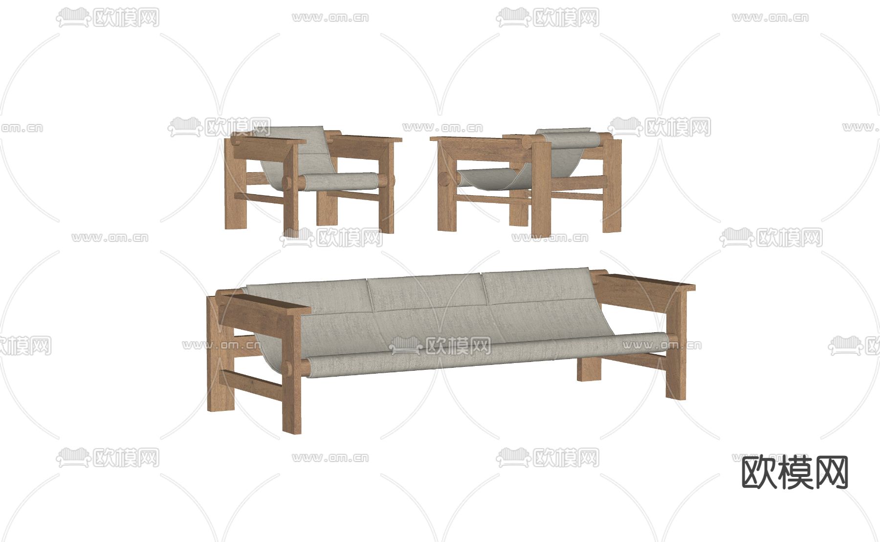 侘寂风多人沙发su模型下载（渲染图2）