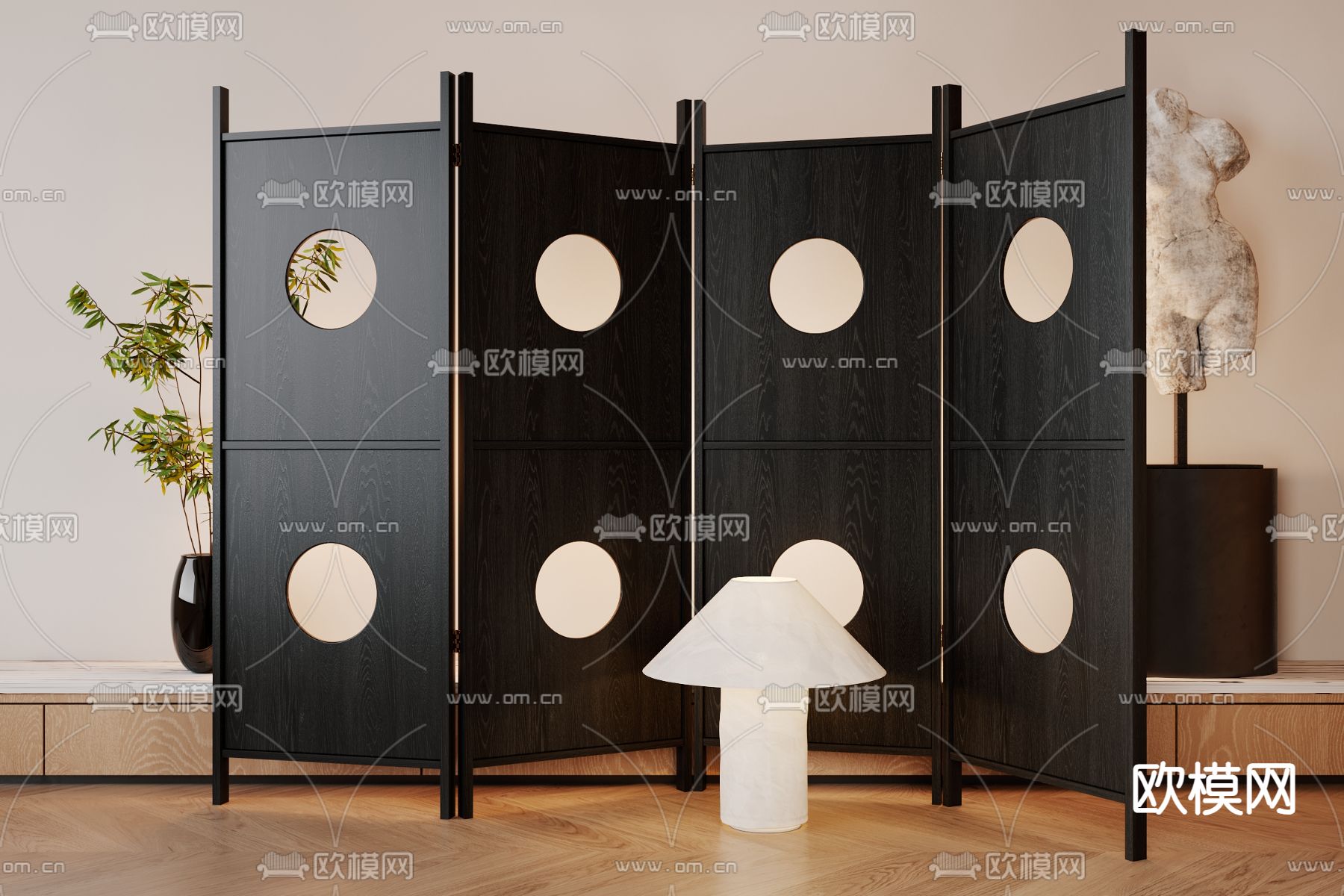 侘寂折叠屏风 隔断su模型下载（渲染图1）