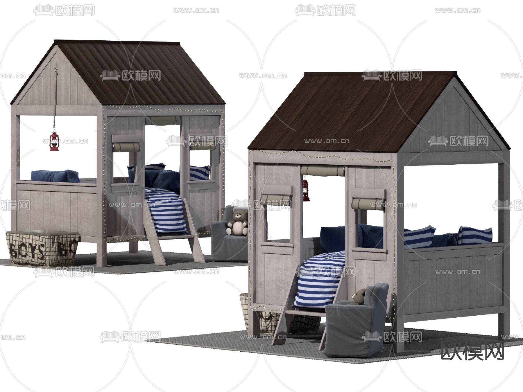木屋儿童床 小孩床su模型下载（渲染图2）