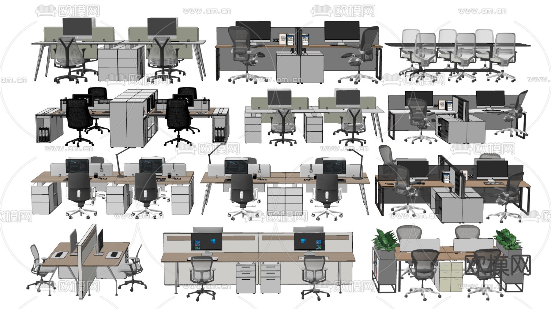 卡位办公桌 工位su模型下载（渲染图3）