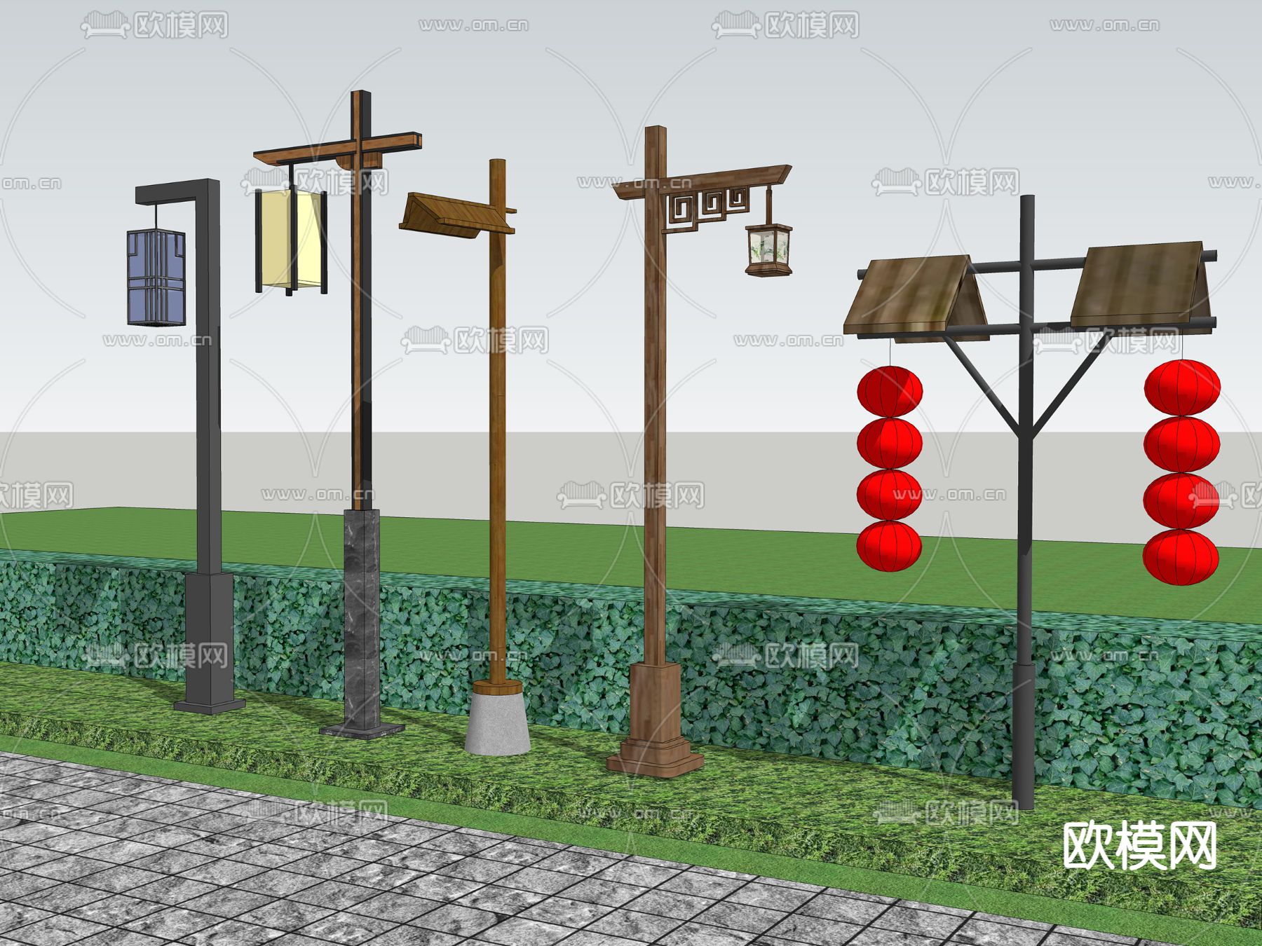 新中式庭院灯 景观灯su模型下载（渲染图2）