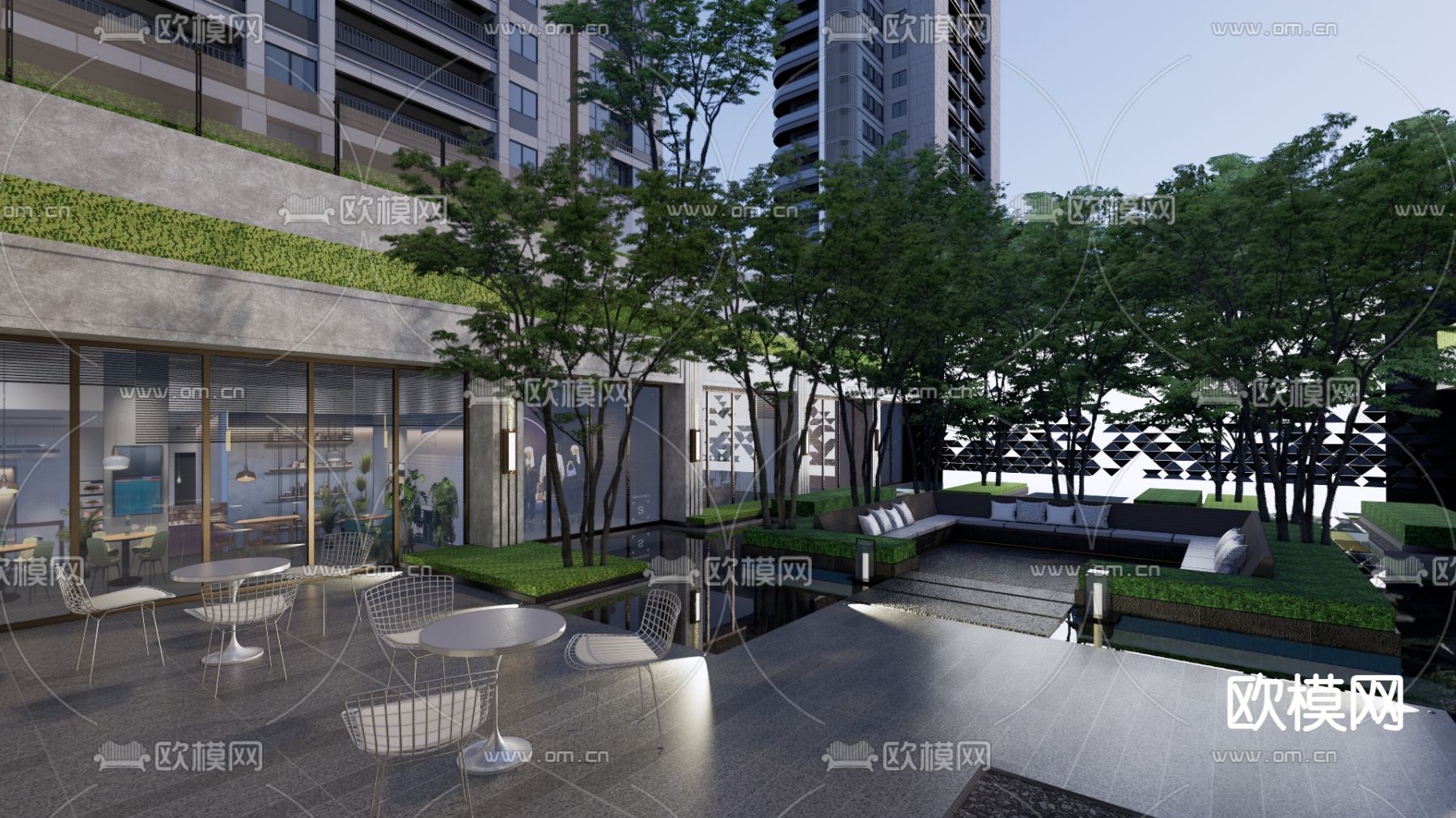 住宅小区景观 下沉庭院su模型下载（渲染图1）