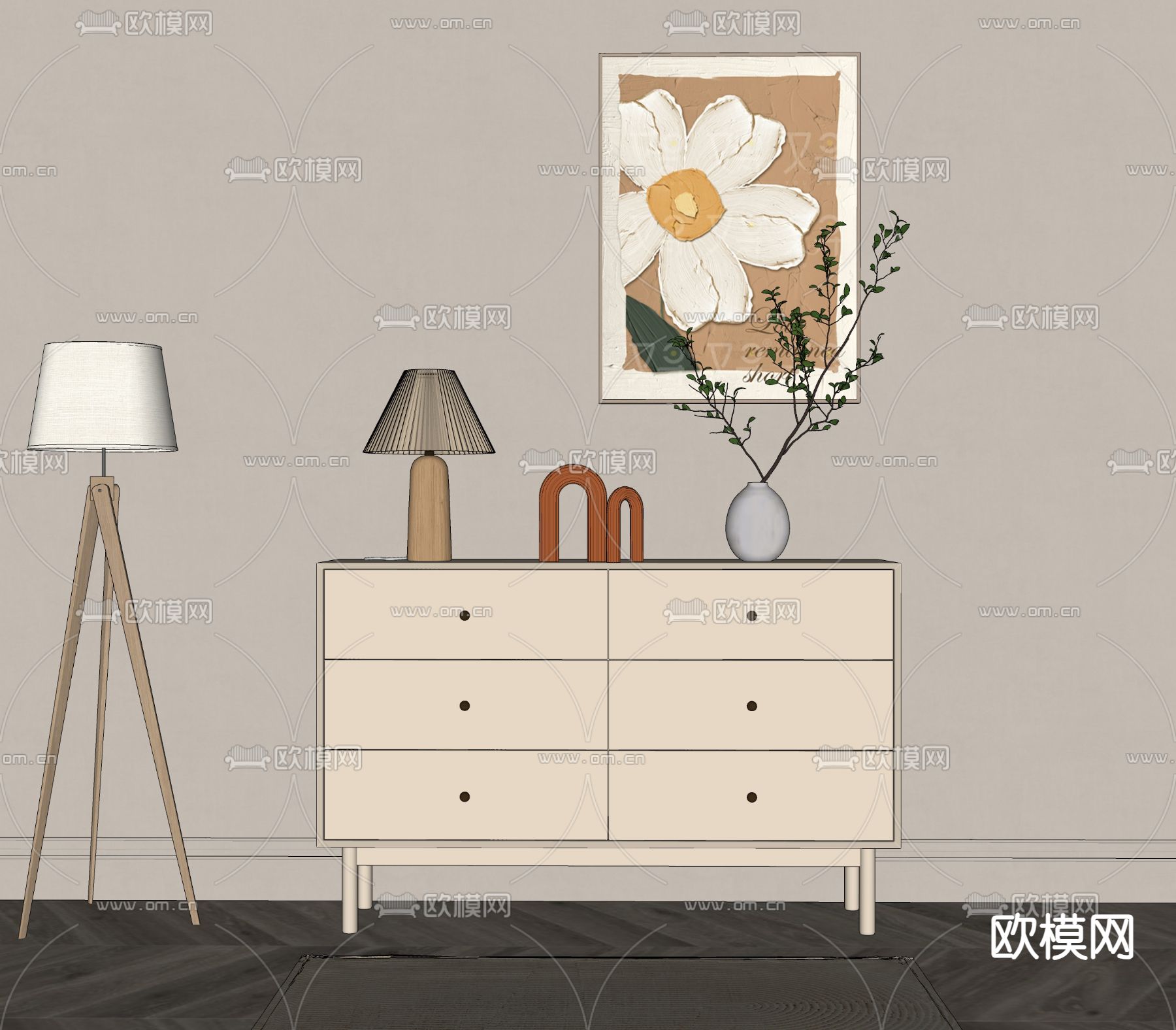 奶油风斗柜 边柜su模型下载（渲染图2）