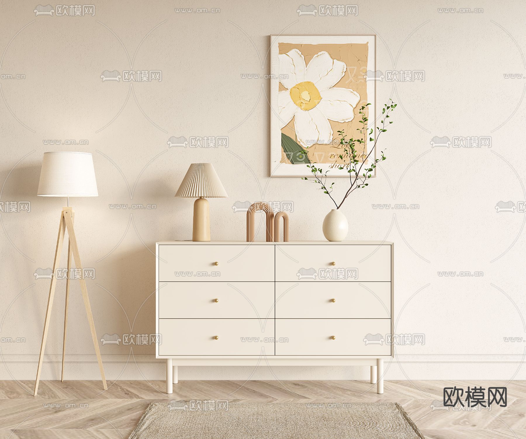 奶油风斗柜 边柜su模型下载（渲染图1）