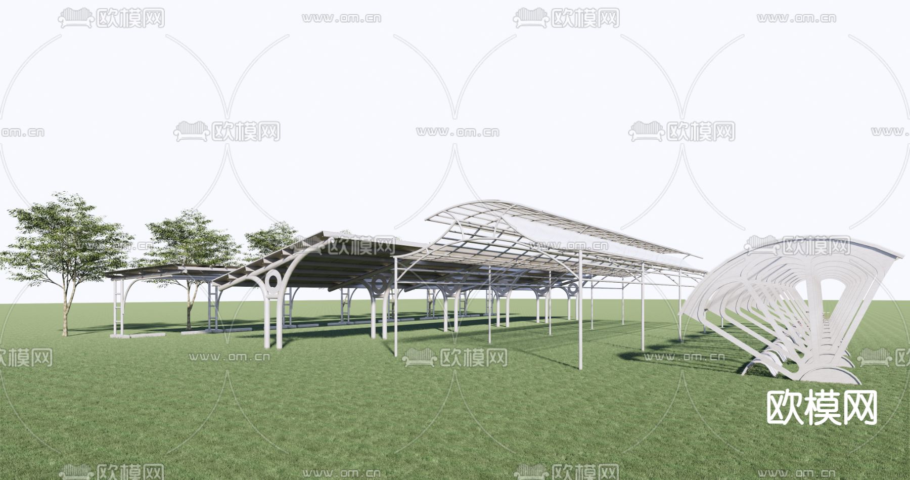 自行车棚 单车棚 非机动车棚su模型下载（渲染图1）