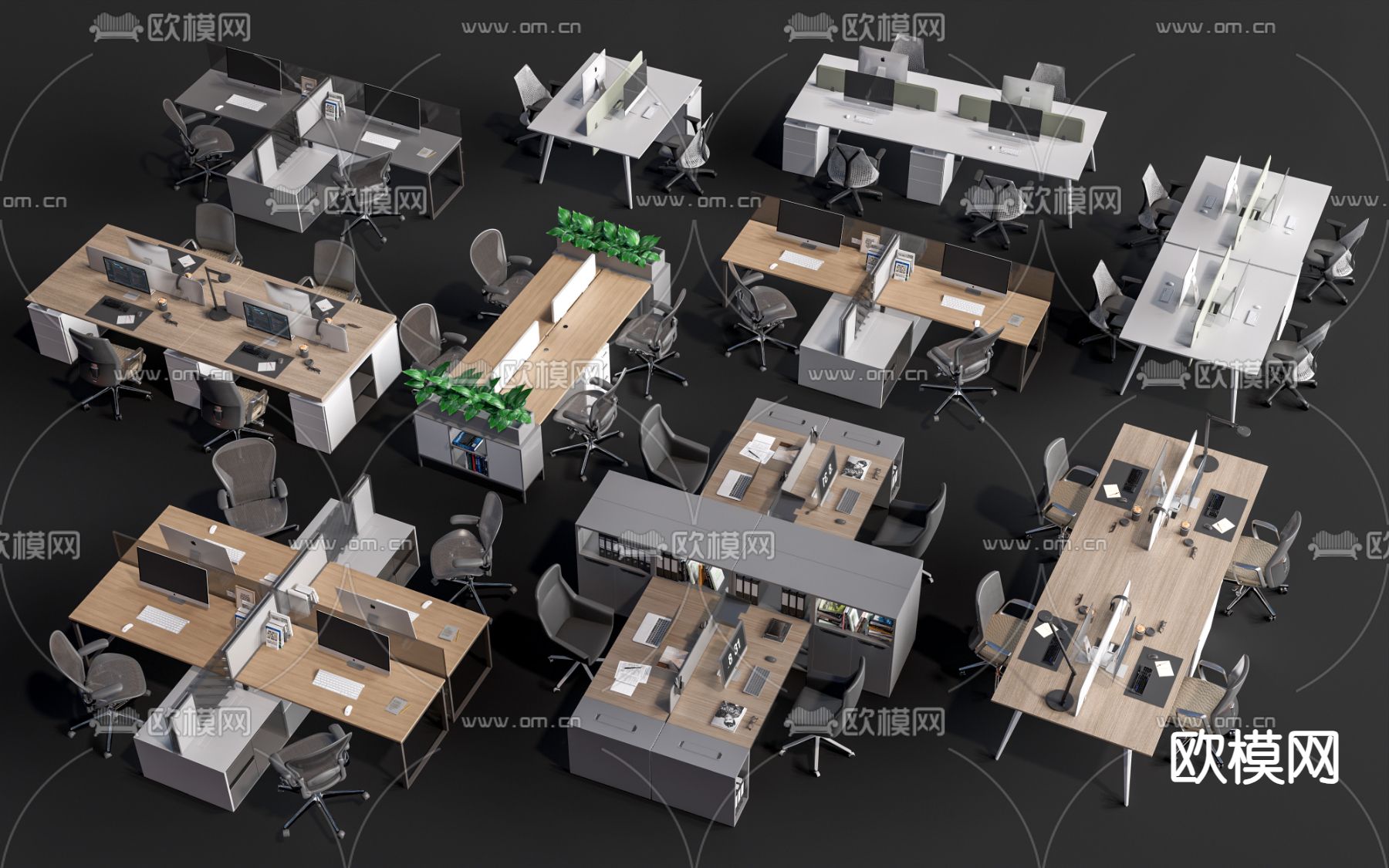 卡位办公桌 工位su模型下载（渲染图1）