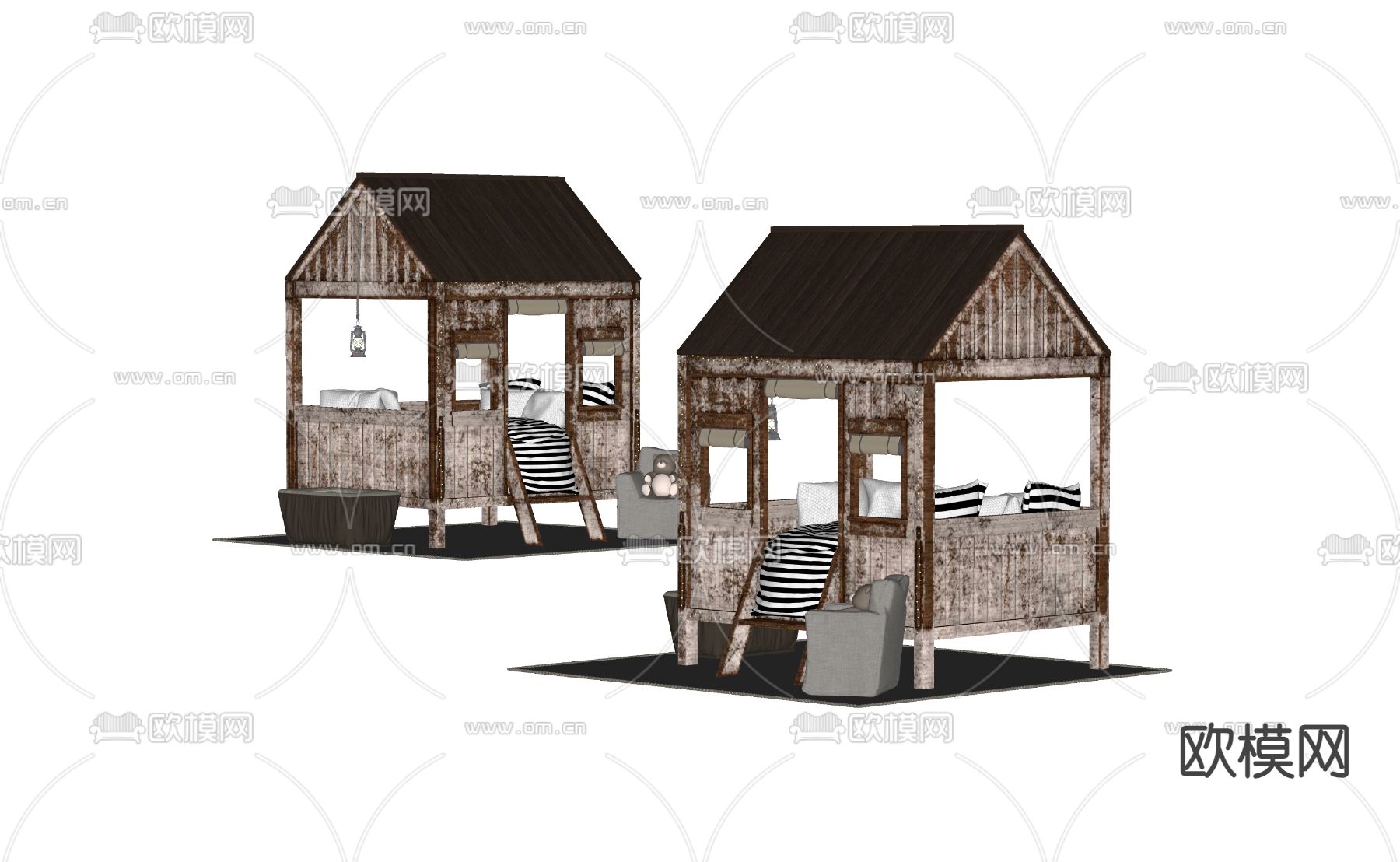 木屋儿童床 小孩床su模型下载（渲染图1）