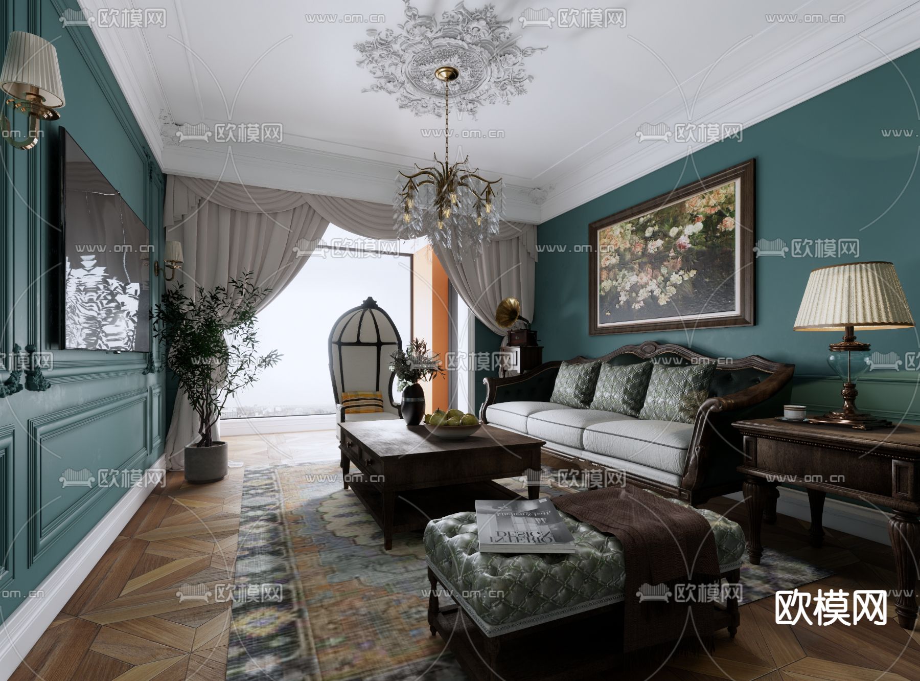 美式客厅su模型下载（渲染图2）