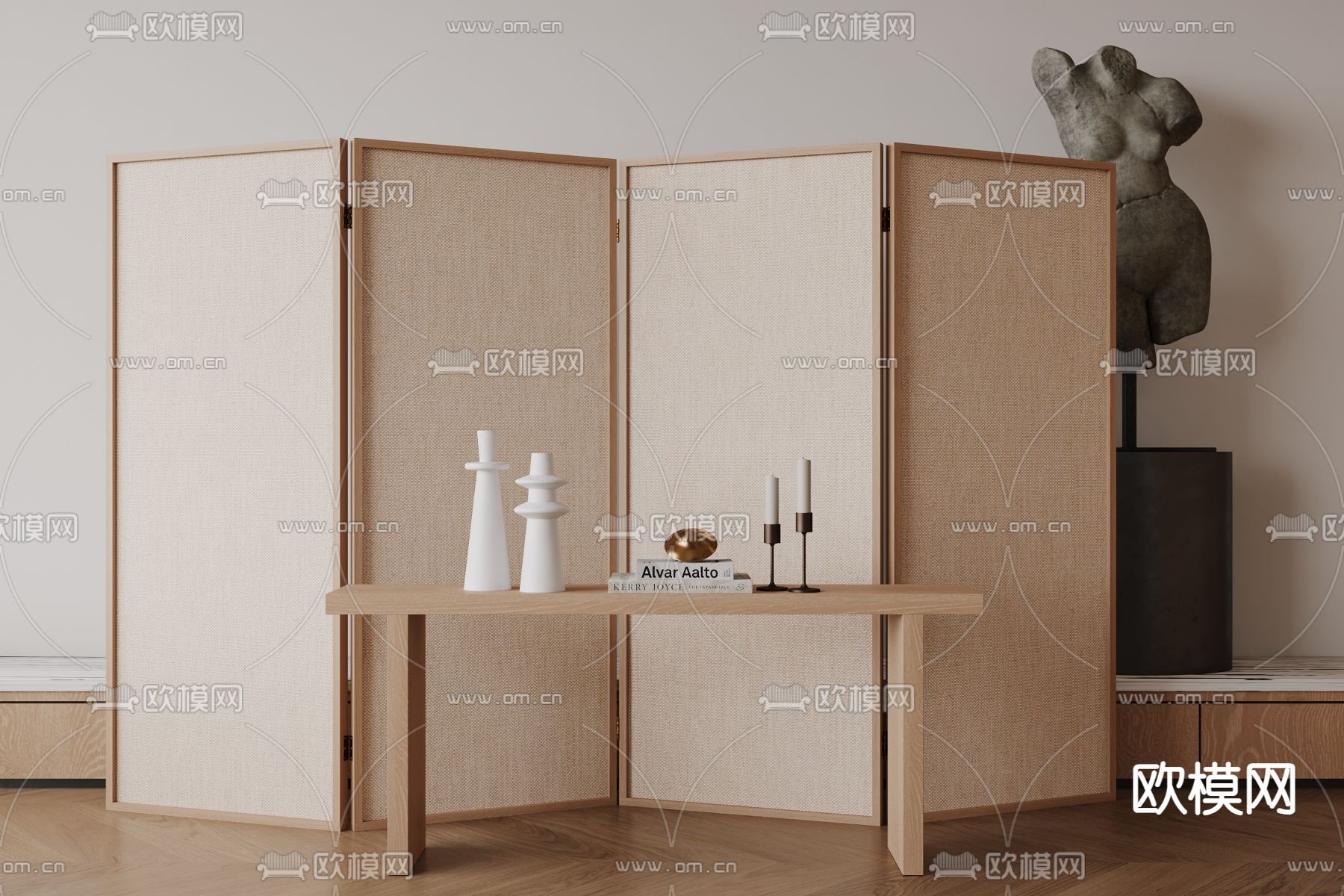 侘寂折叠屏风 隔断su模型下载（渲染图1）