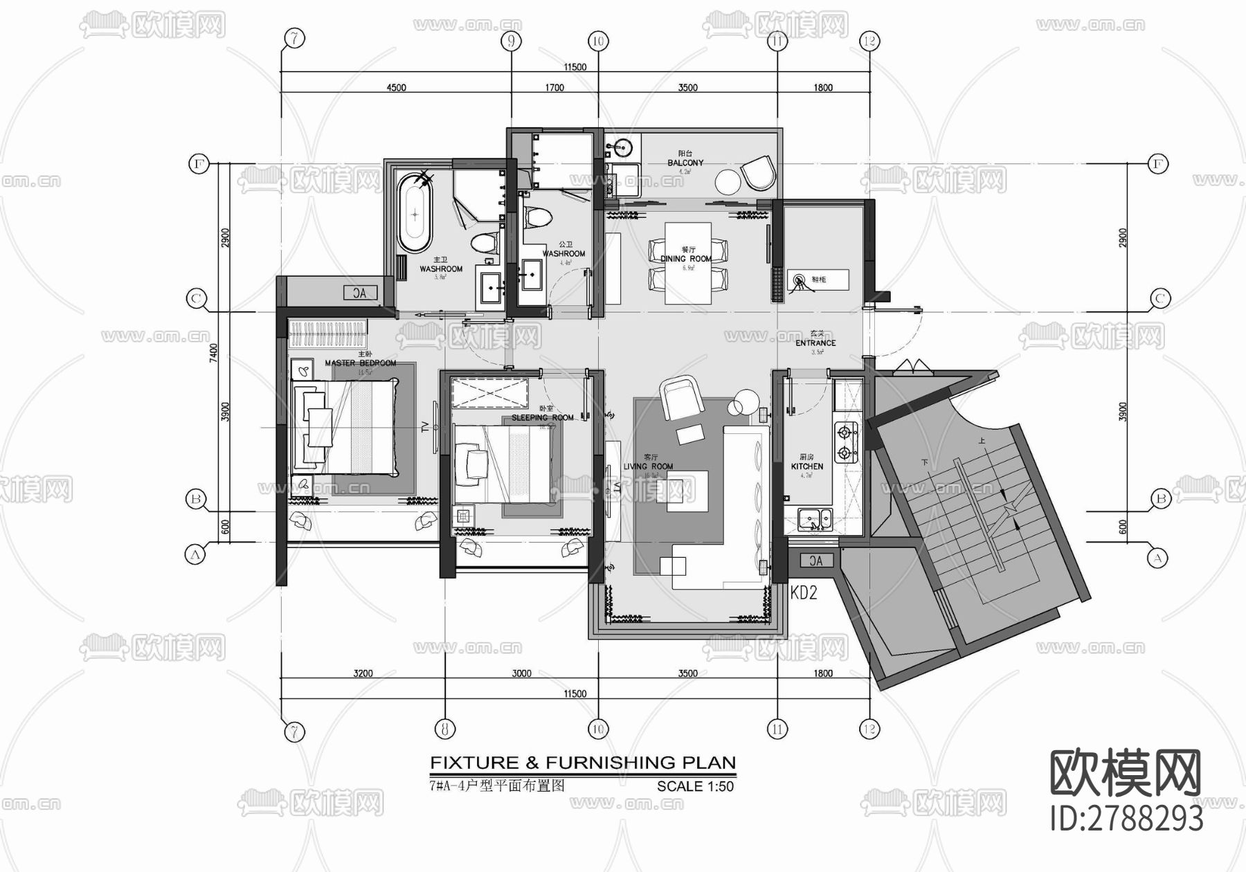 85㎡两居室家装样板间室内CAD施工图下载（渲染图1）