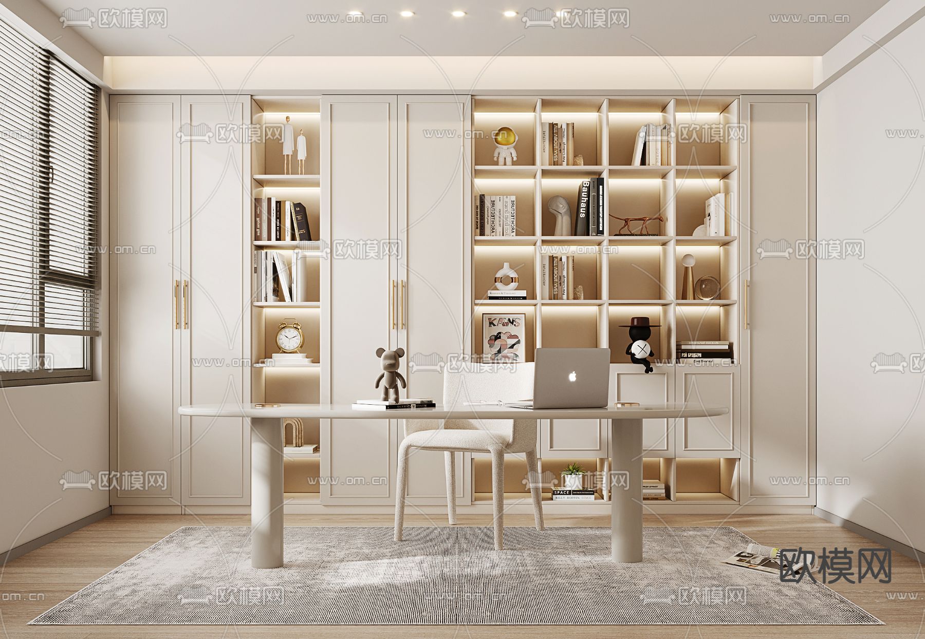 奶油风书房su模型下载（渲染图1）