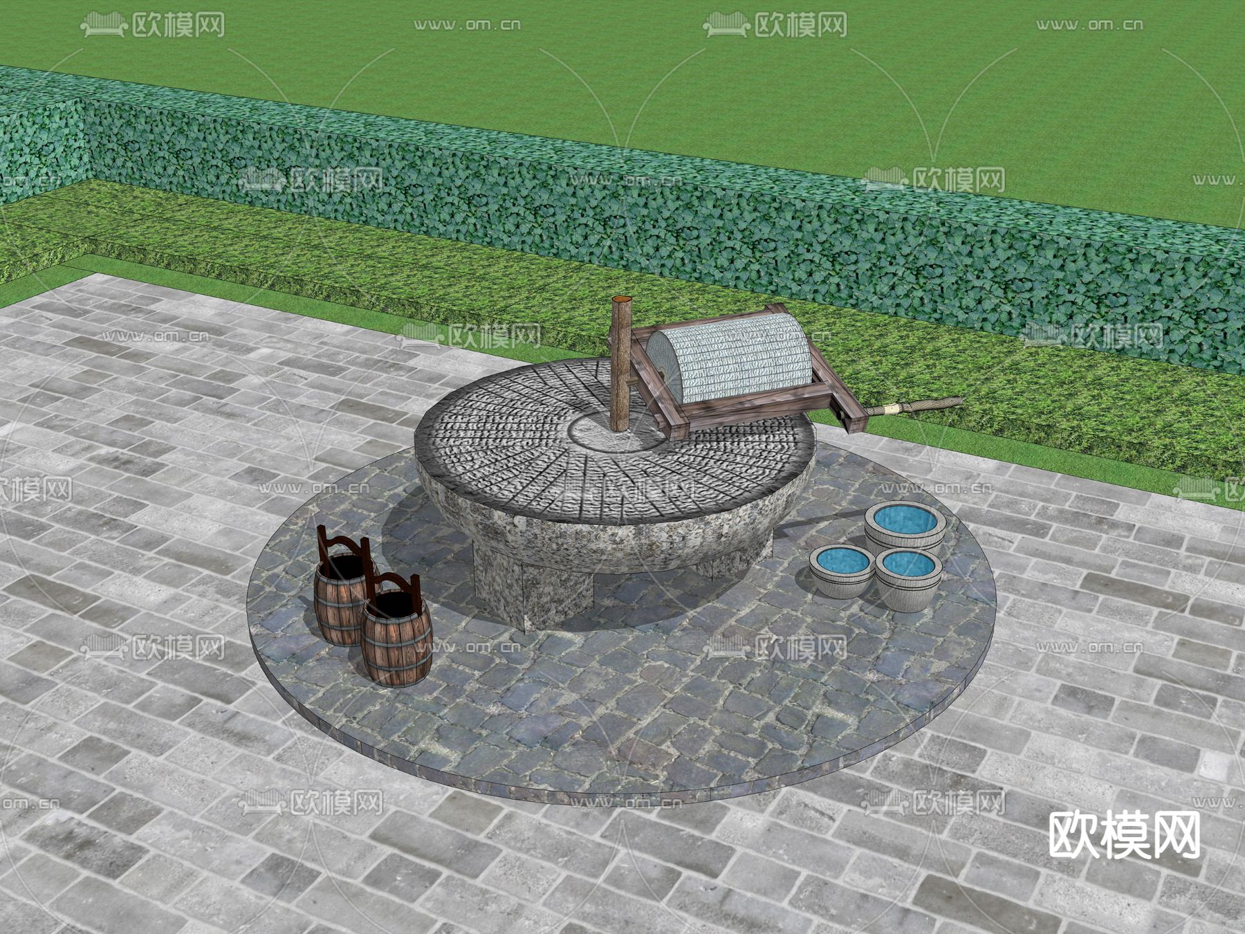 乡村小品石磨su模型下载（渲染图2）