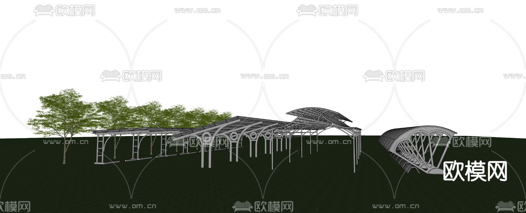 自行车棚 单车棚 非机动车棚su模型下载（渲染图2）