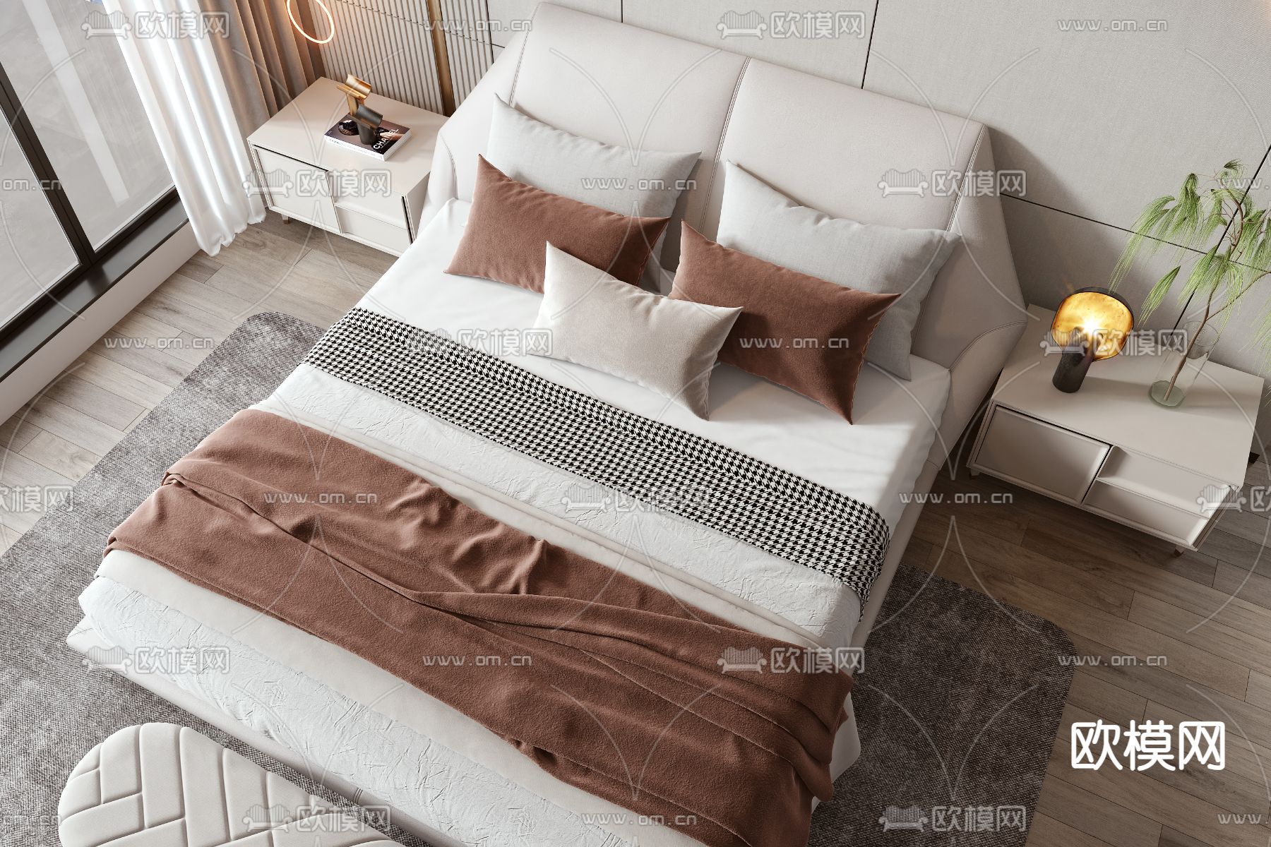 轻奢双人床su模型下载（渲染图3）