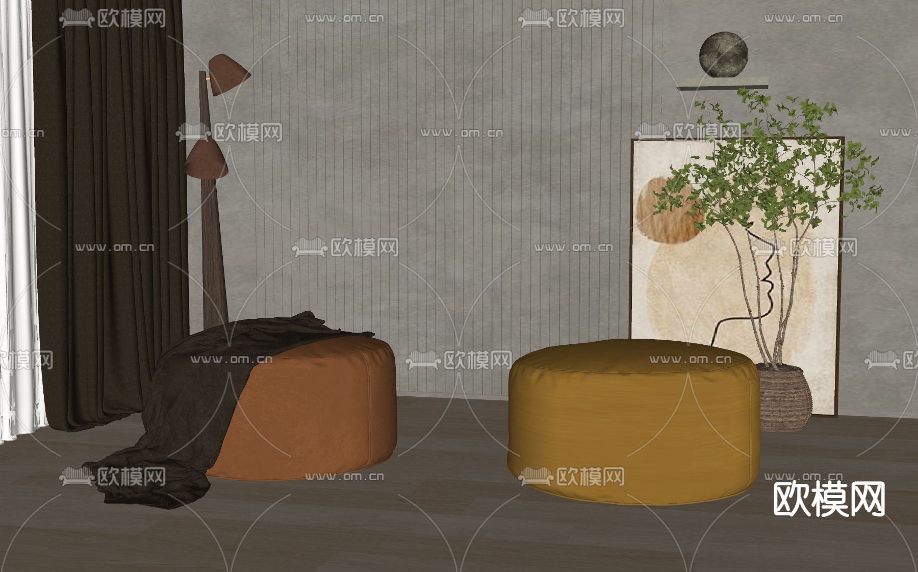 现代沙发凳su模型下载（渲染图2）