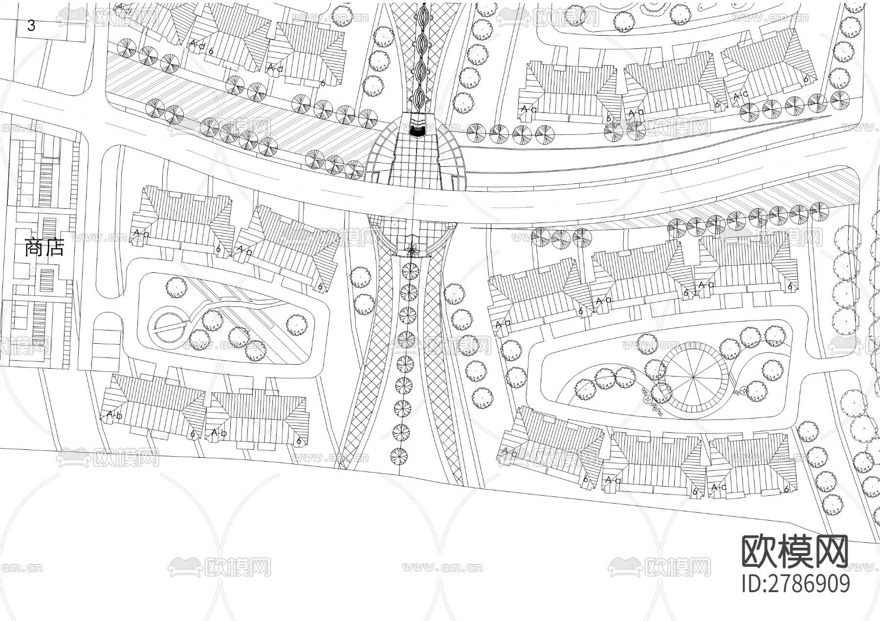 长方形地块多层住宅区规划平面图下载（渲染图3）