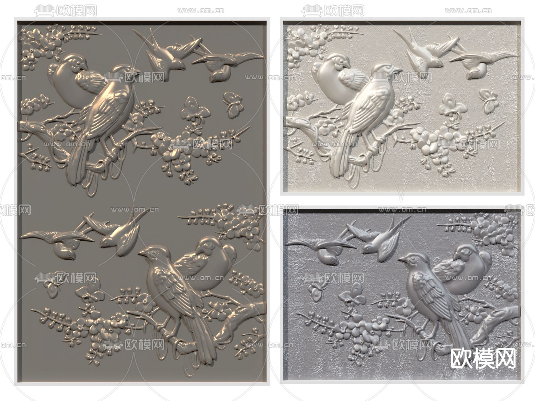 新中式花鸟壁画 皮雕墙饰su模型下载（渲染图1）