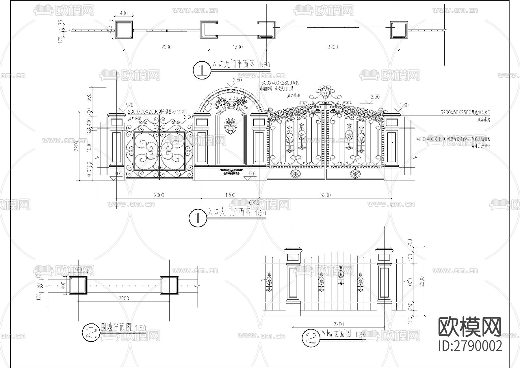 铁艺大门尺寸CAD施工图下载